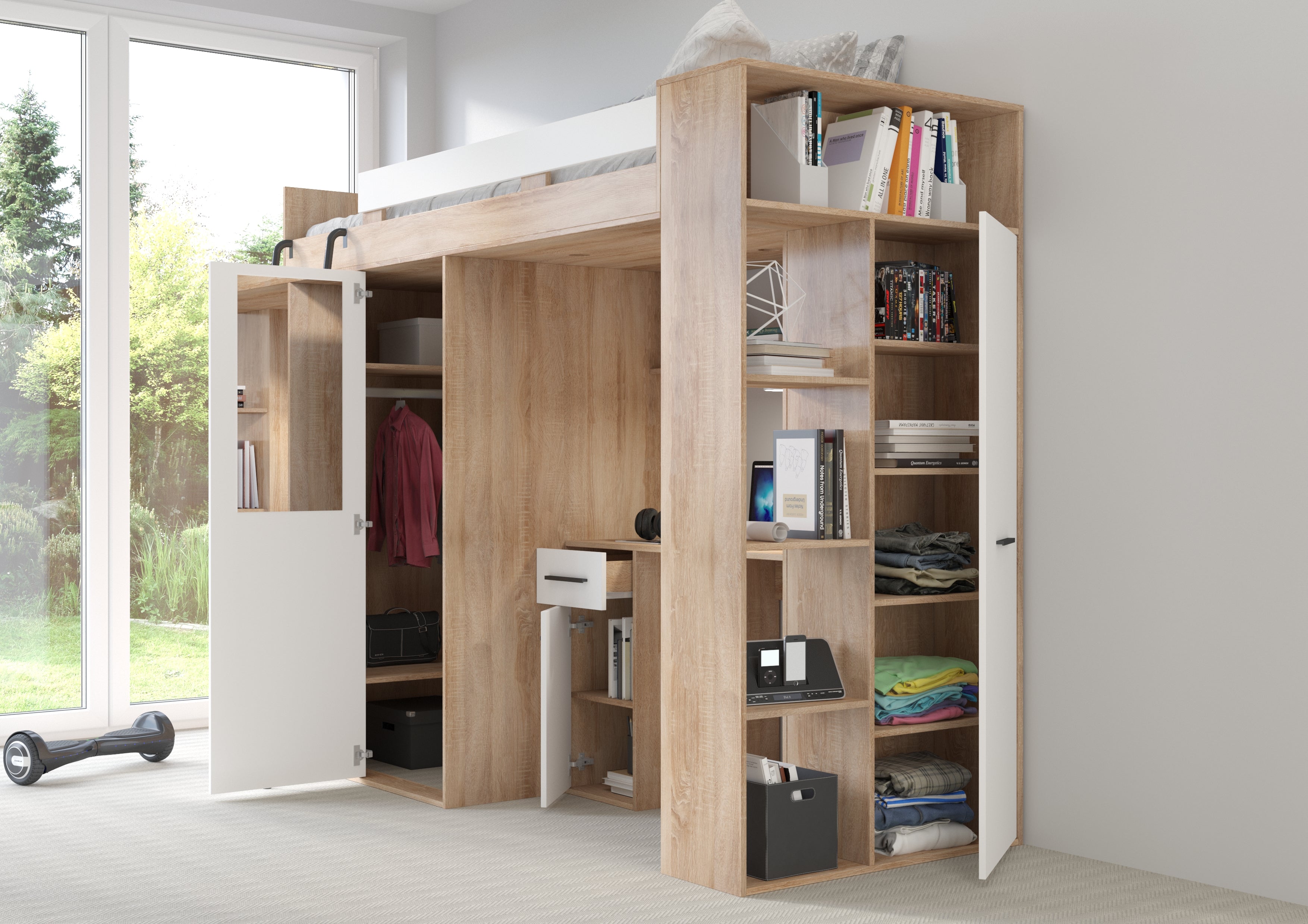 Etagenbett VER-L mit Leiter links, Kleiderschrank, Schreibtisch und viele Regale