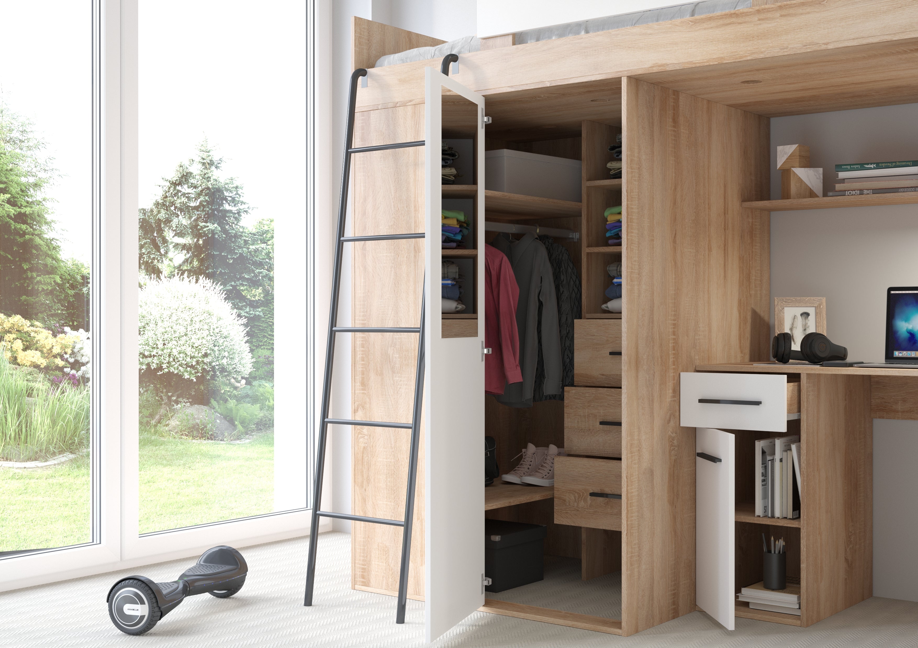 Etagenbett VER-L mit Leiter links, Kleiderschrank, Schreibtisch und viele Regale