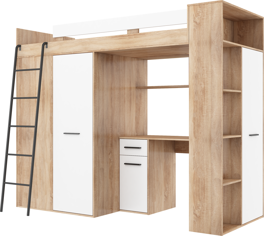 Etagenbett VER-L mit Leiter links, Kleiderschrank, Schreibtisch und viele Regale