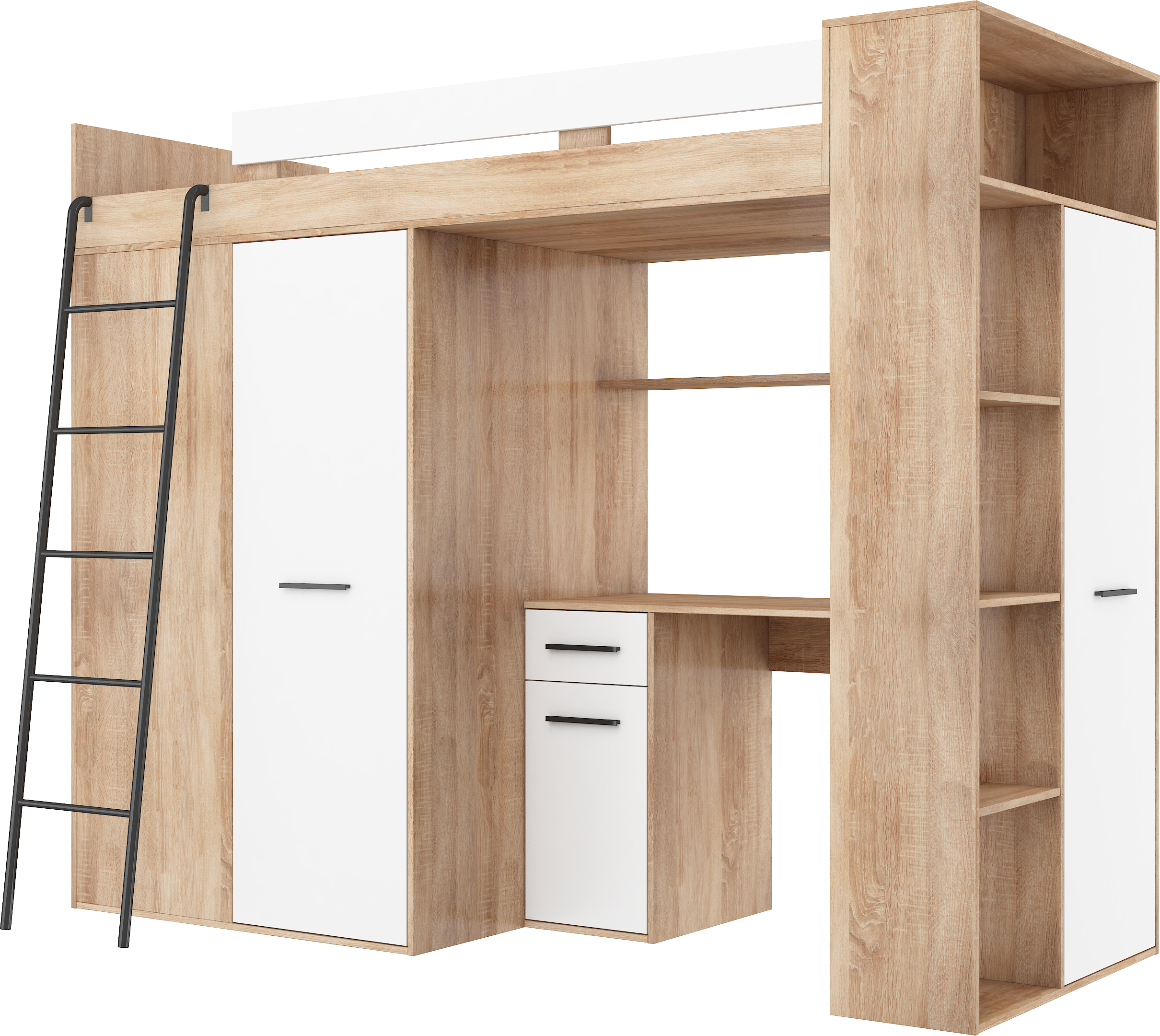 Etagenbett VER-L mit Leiter links, Kleiderschrank, Schreibtisch und viele Regale