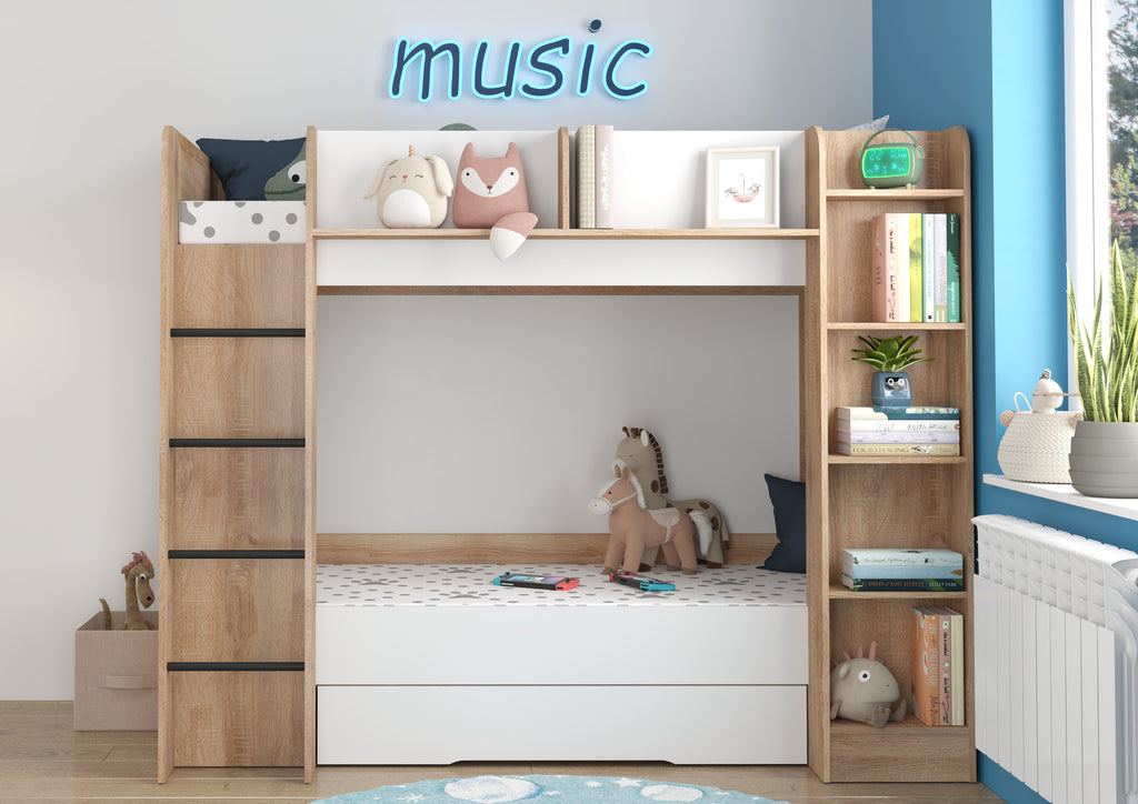Etagenbett EVE-L für 2 Personen – 2 × 80 × 200 cm mit Schublade und Regalen