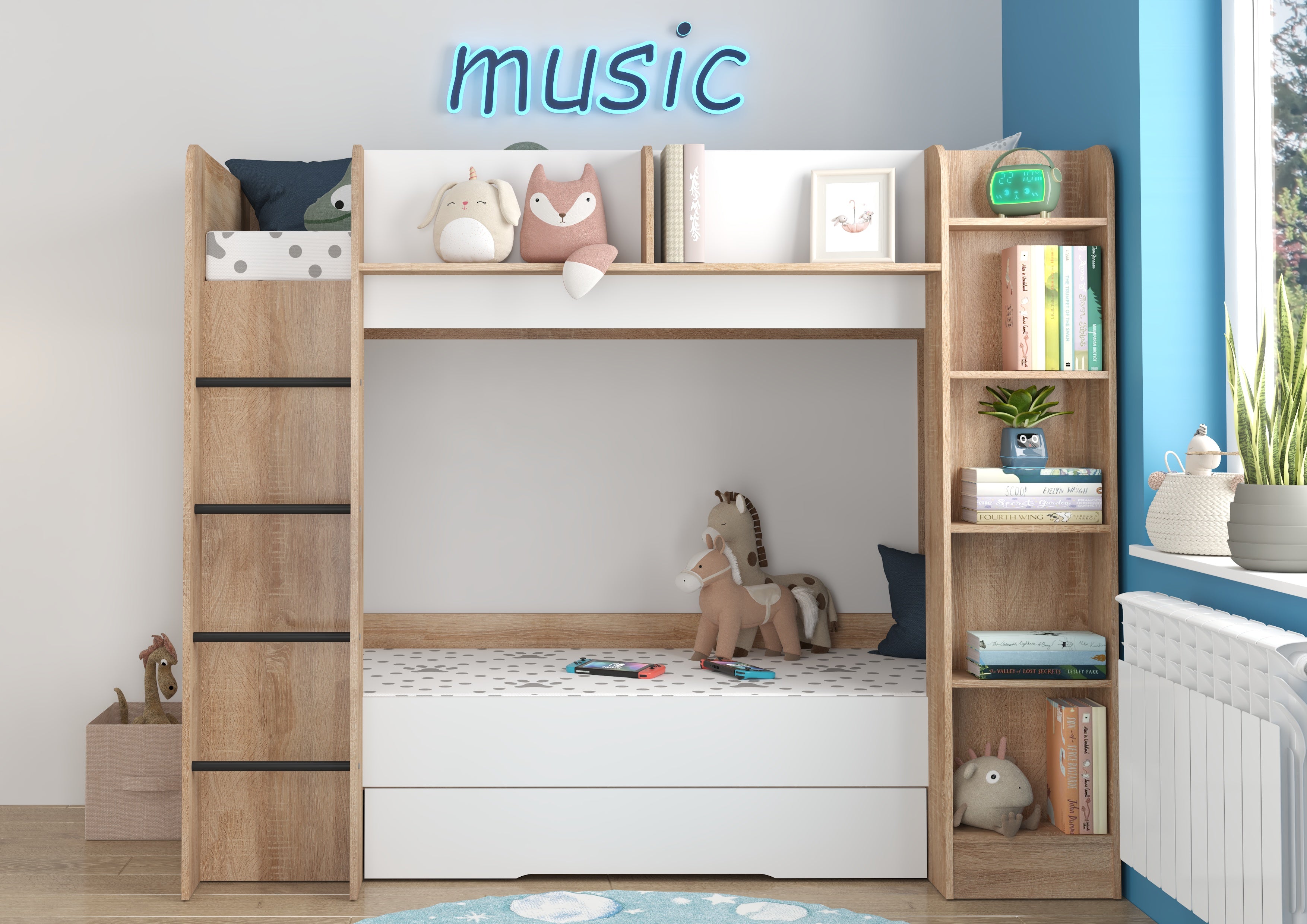 Etagenbett EVE-L für 2 Personen – 2 × 80 × 200 cm mit Schublade und Regalen