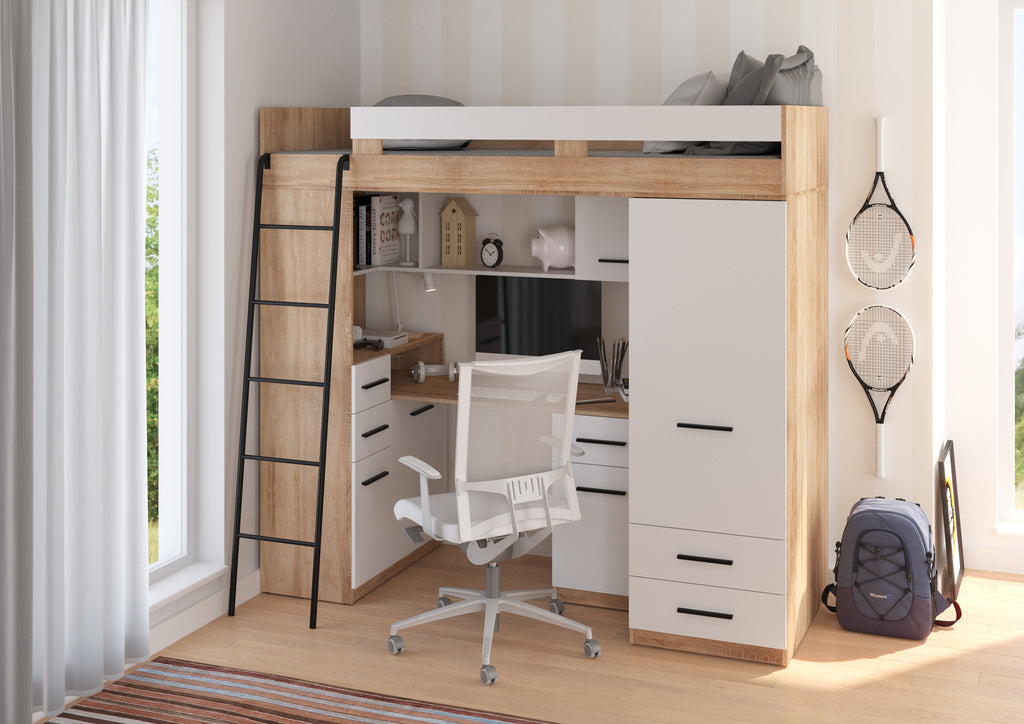 Etagenbett SMY-L mit Leiter links, Kleiderschrank, Schreibtisch und viele Regale