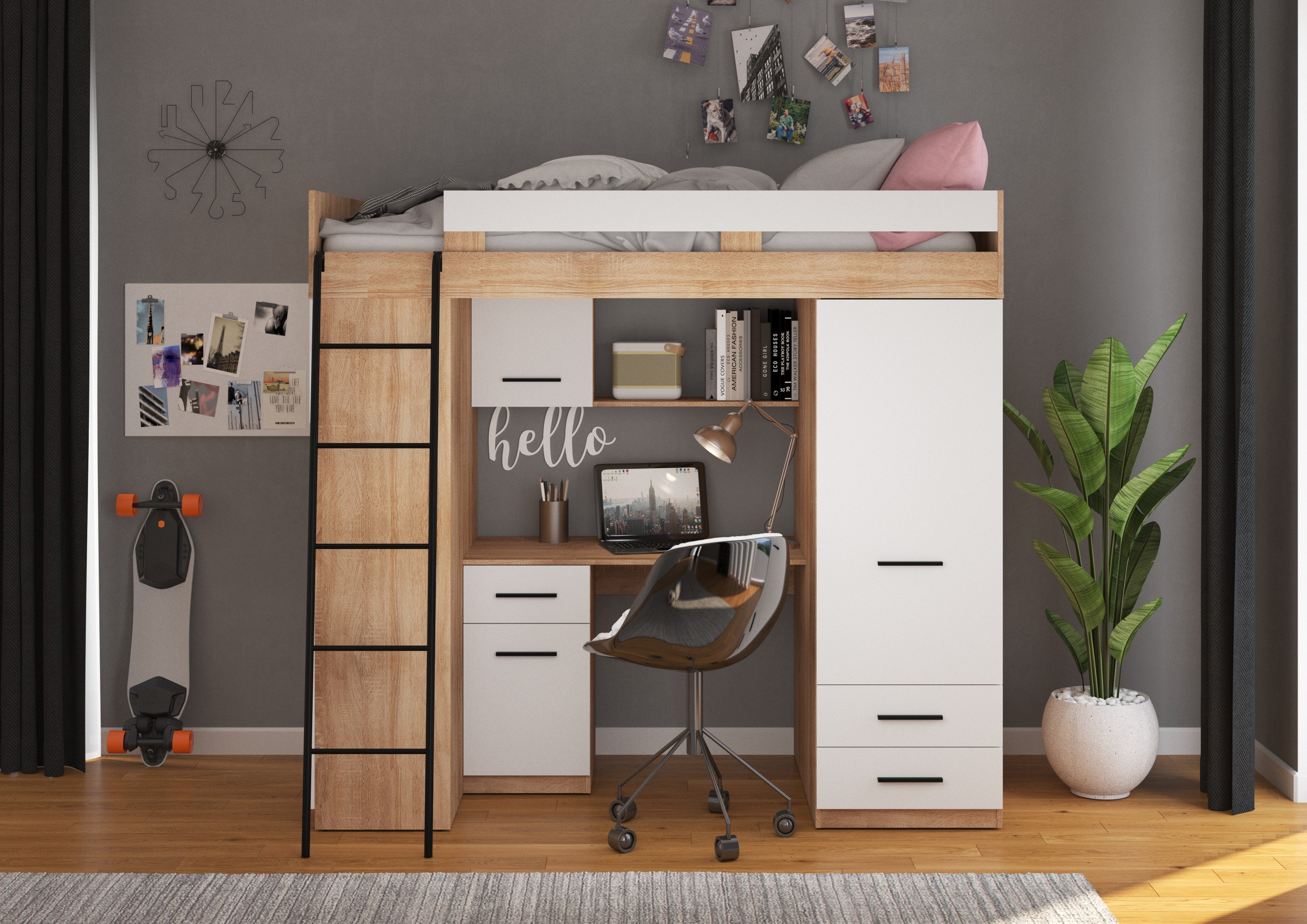 Etagenbett LEV-L mit Leiter links, Kleiderschrank, Schreibtisch und viele Regale