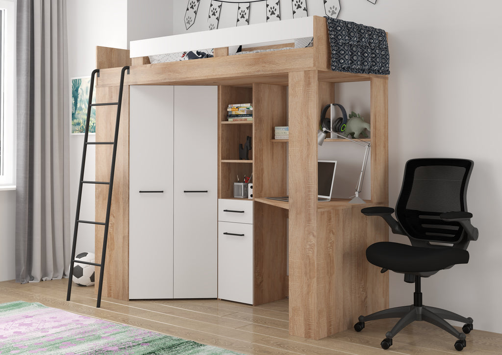 Etagenbett FLO-L mit Leiter  links, Eckkleiderschrank und Schreibtisch