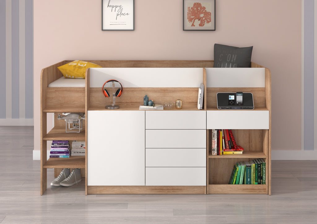 Etagenbett SMI-L mit Treppe links, Ausziehbarer Schreibtisch und kleiner Schrank