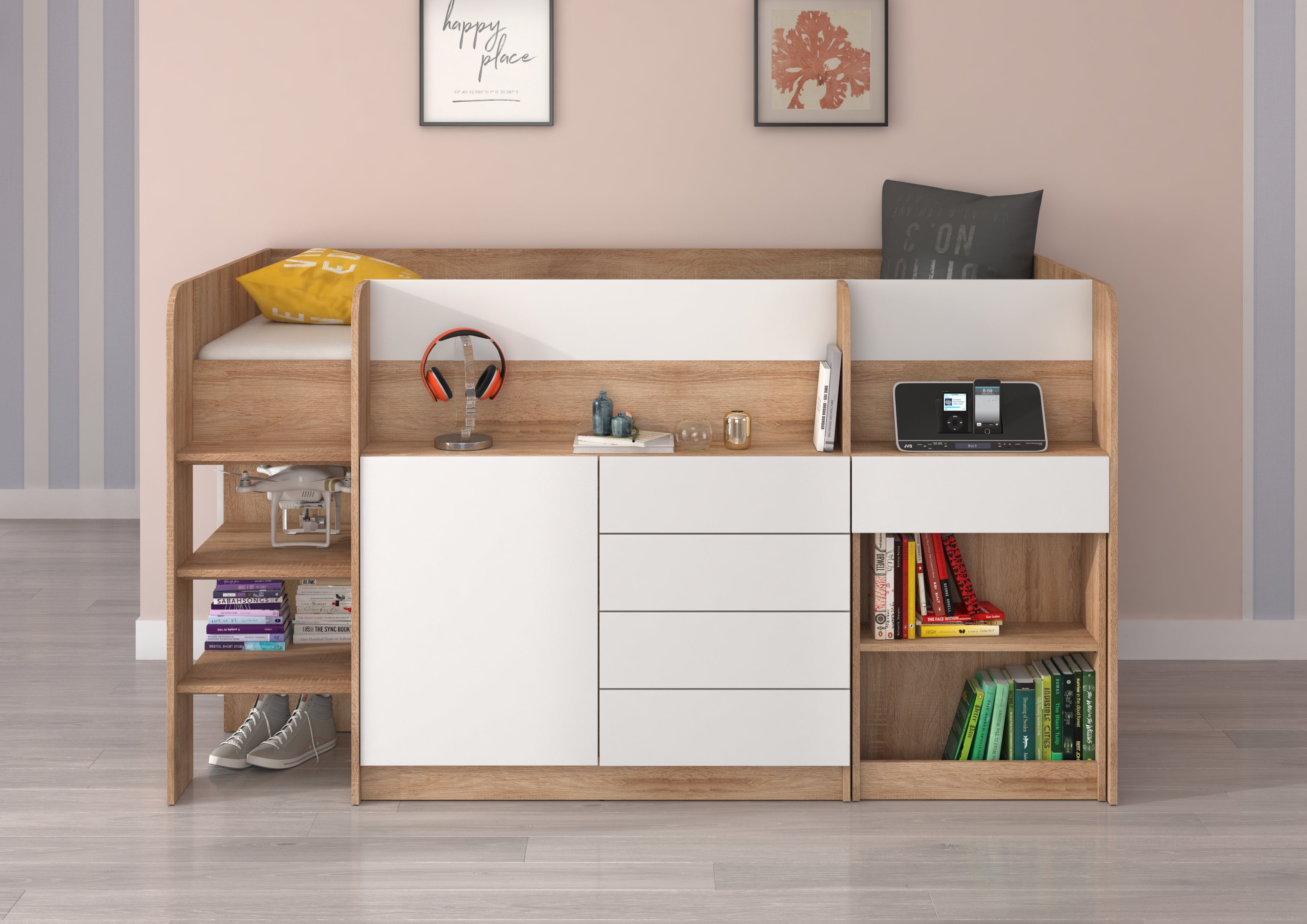 Etagenbett SMI-L mit Treppe links, Ausziehbarer Schreibtisch und kleiner Schrank