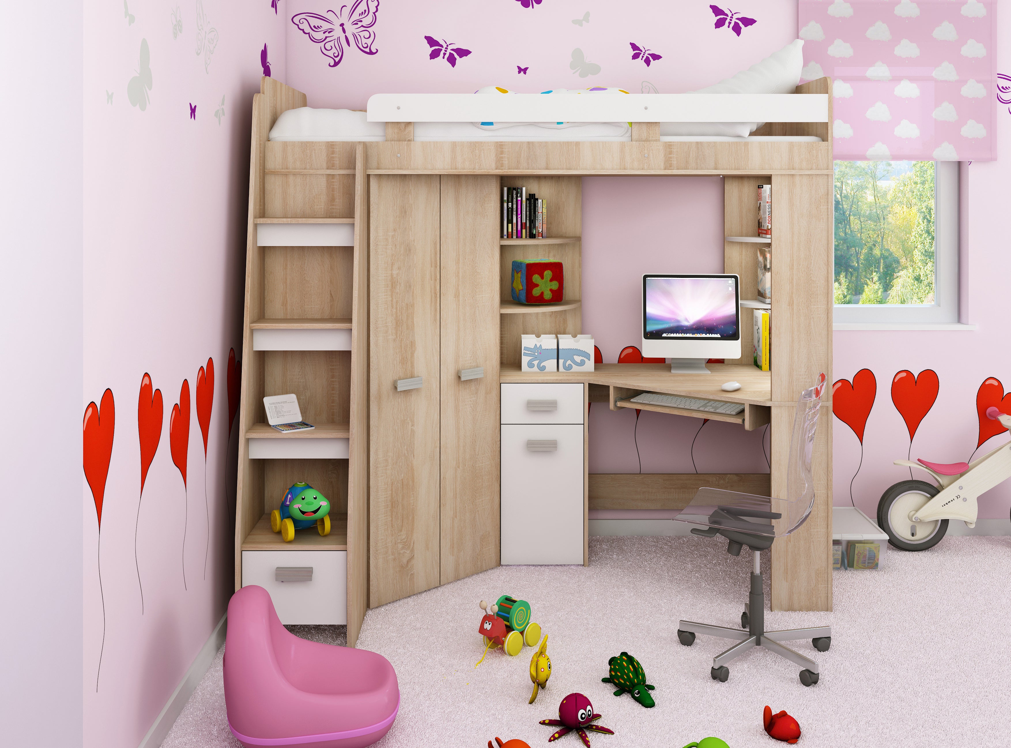 Etagenbett ANT-L mit funktionaler Treppe links, Eckkleiderschrank und Schreibtisch