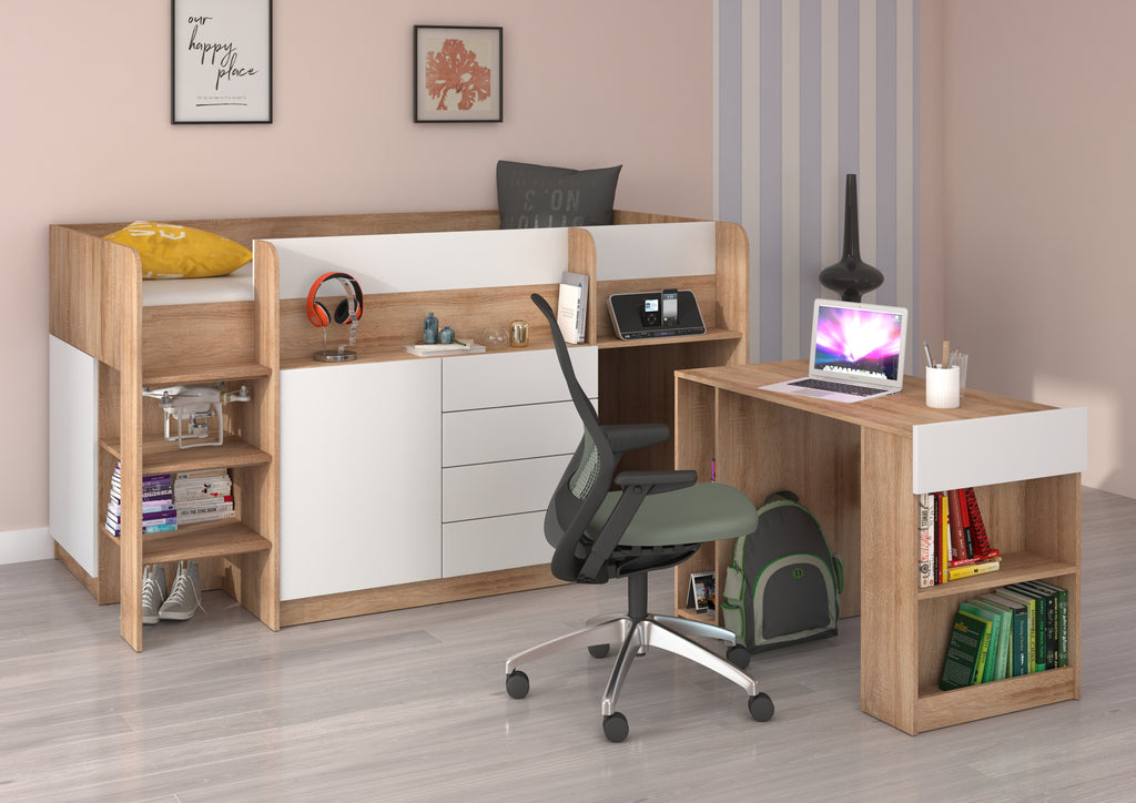 Etagenbett SMI-L mit Treppe links, Ausziehbarer Schreibtisch und kleiner Schrank