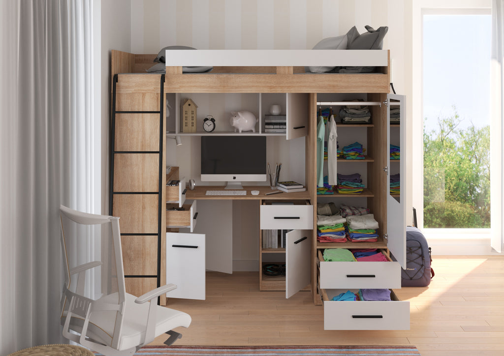 Etagenbett SMY-L mit Leiter links, Kleiderschrank, Schreibtisch und viele Regale