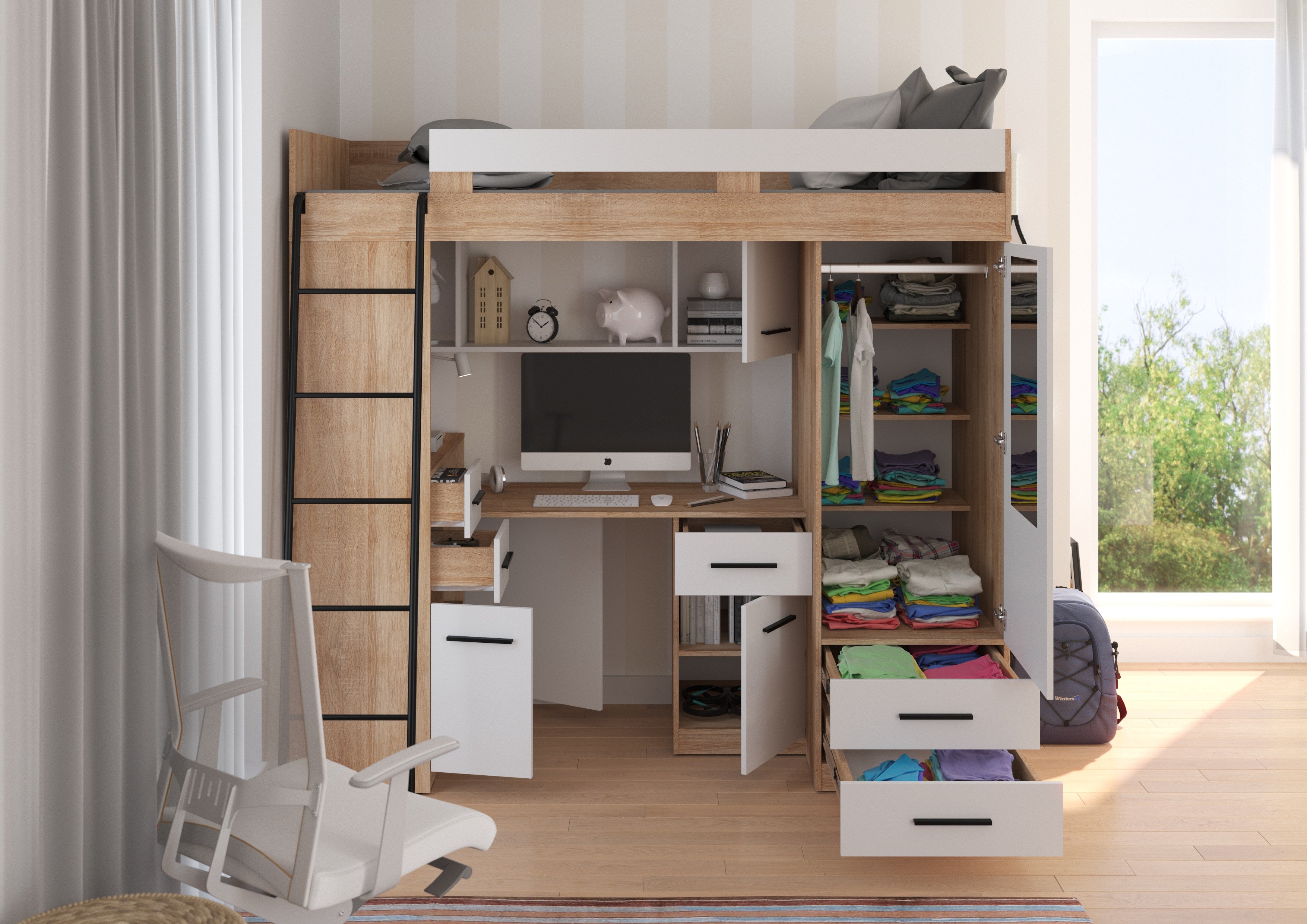 Etagenbett SMY-L mit Leiter links, Kleiderschrank, Schreibtisch und viele Regale