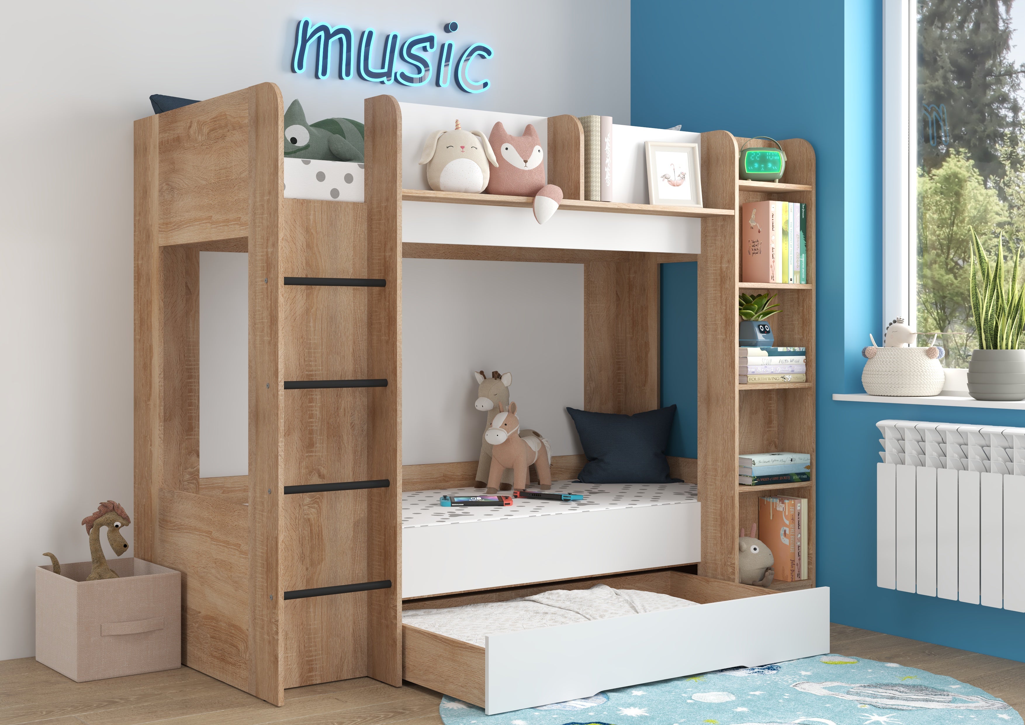 Etagenbett EVE-L für 2 Personen – 2 × 80 × 200 cm mit Schublade und Regalen