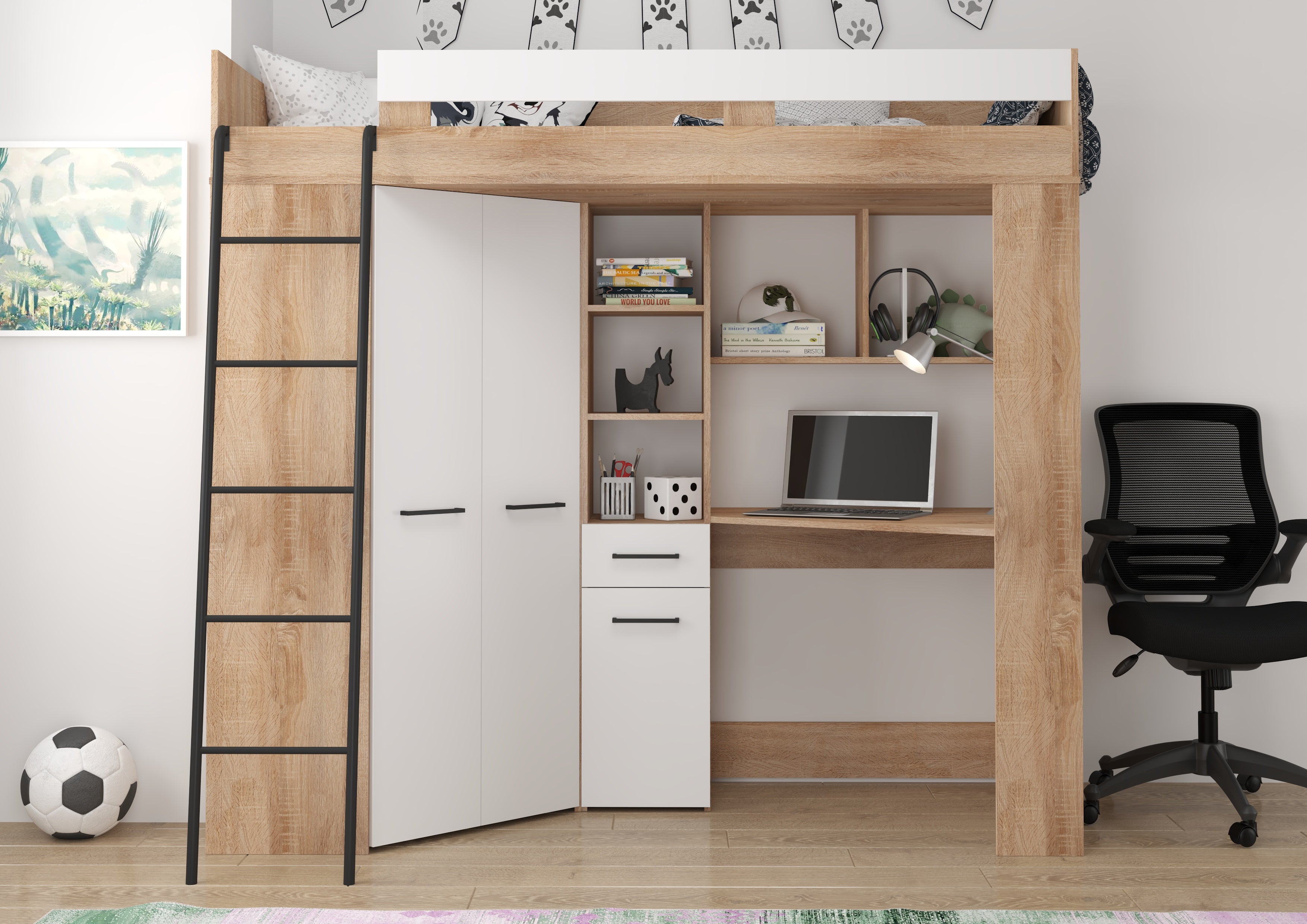 Etagenbett FLO-L mit Leiter  links, Eckkleiderschrank und Schreibtisch