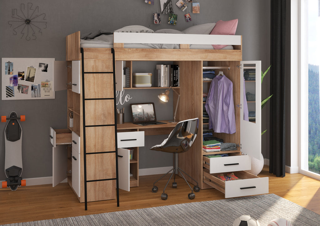 Etagenbett LEV-L mit Leiter links, Kleiderschrank, Schreibtisch und viele Regale
