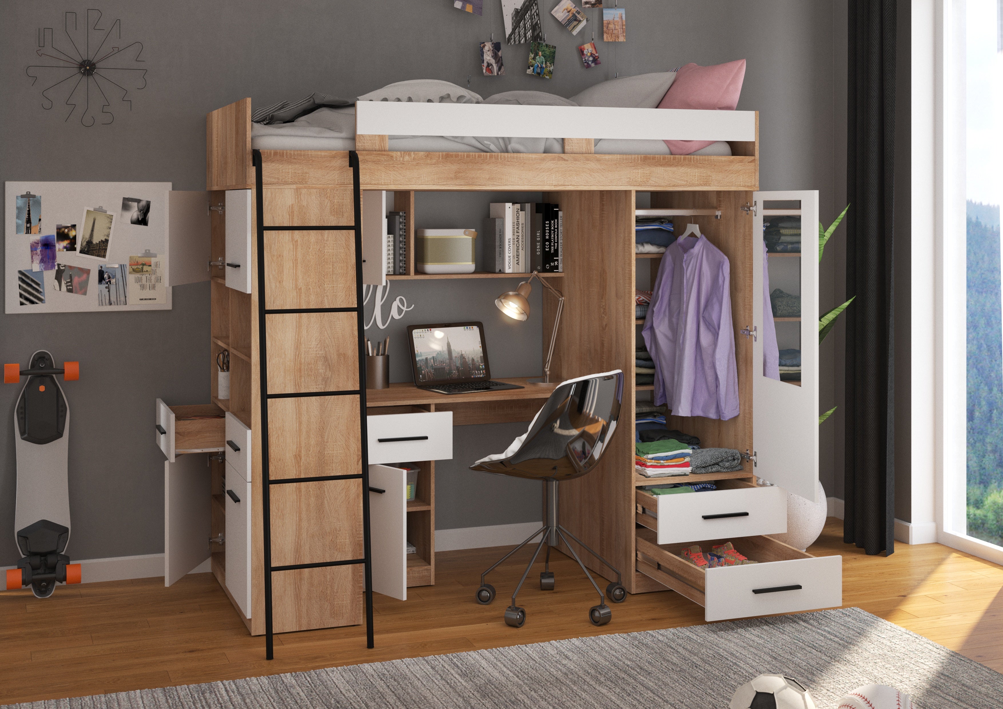 Etagenbett LEV-L mit Leiter links, Kleiderschrank, Schreibtisch und viele Regale
