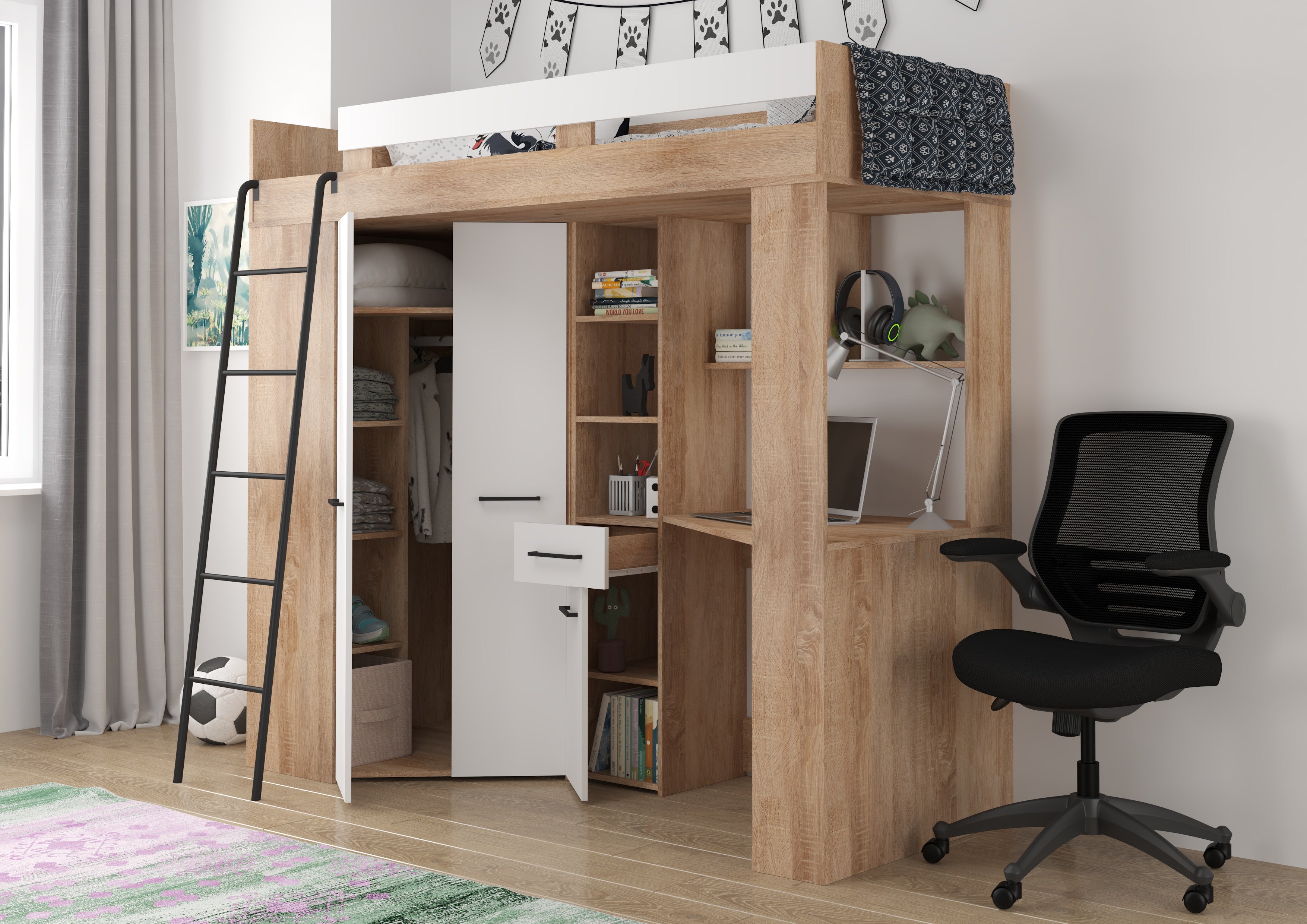 Etagenbett FLO-L mit Leiter  links, Eckkleiderschrank und Schreibtisch