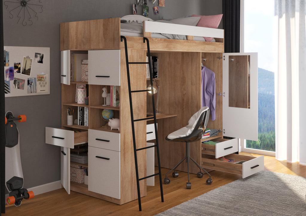 Etagenbett LEV-L mit Leiter links, Kleiderschrank, Schreibtisch und viele Regale
