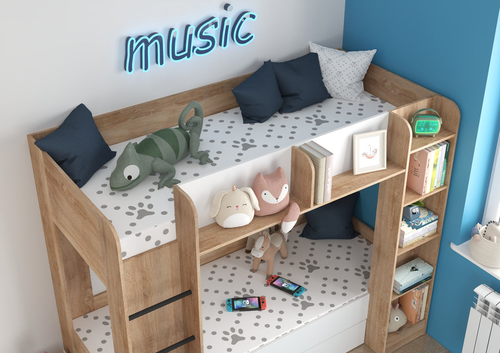 Etagenbett EVE-L für 2 Personen – 2 × 80 × 200 cm mit Schublade und Regalen