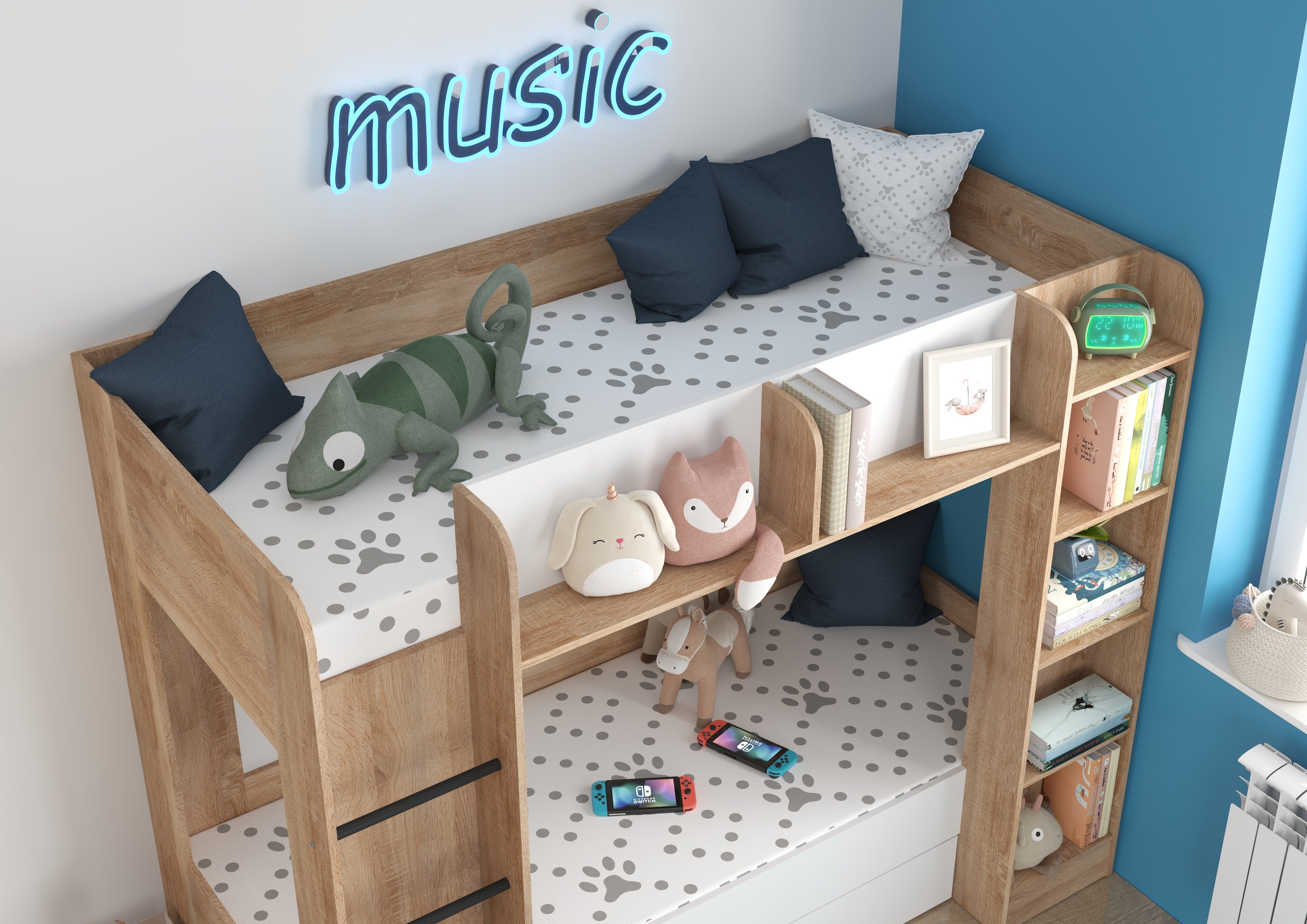 Etagenbett EVE-L für 2 Personen – 2 × 80 × 200 cm mit Schublade und Regalen