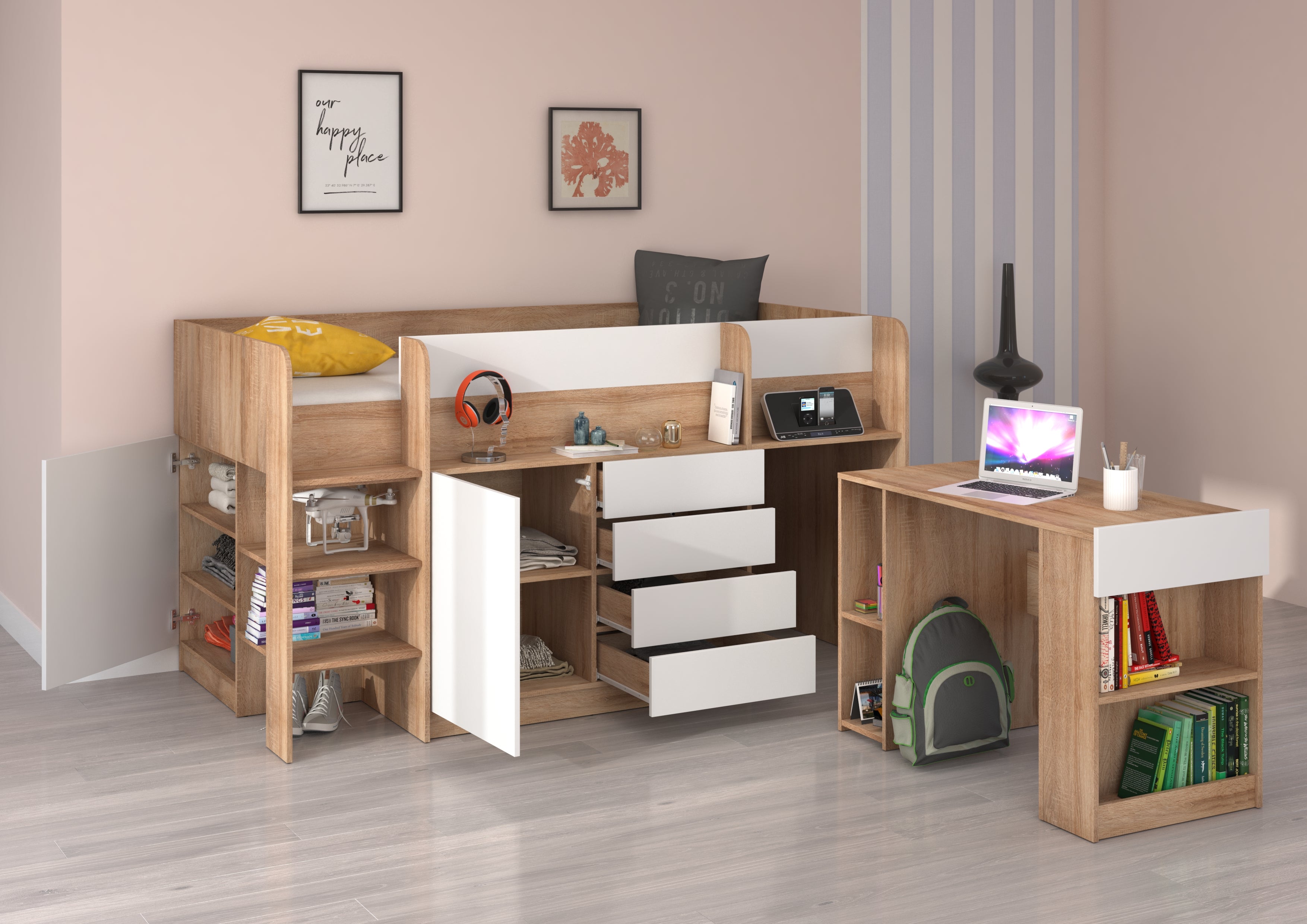 Etagenbett SMI-L mit Treppe links, Ausziehbarer Schreibtisch und kleiner Schrank