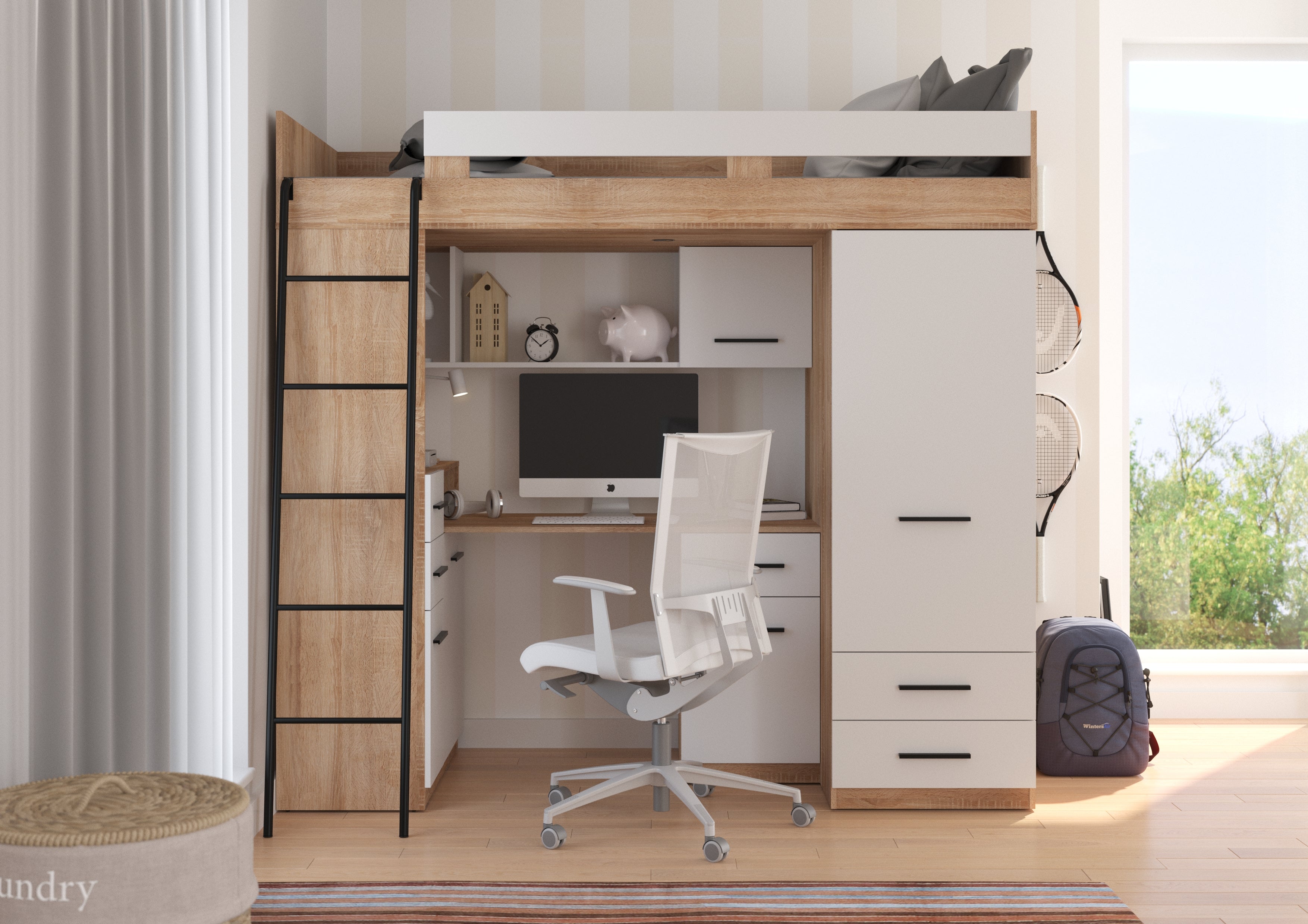 Etagenbett SMY-L mit Leiter links, Kleiderschrank, Schreibtisch und viele Regale