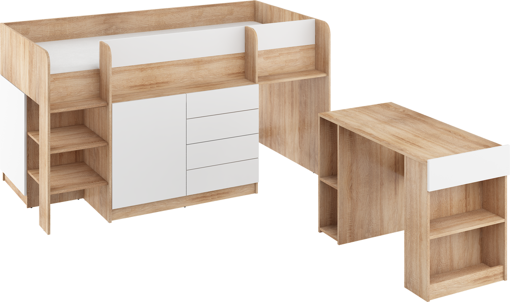 Etagenbett SMI-L mit Treppe links, Ausziehbarer Schreibtisch und kleiner Schrank
