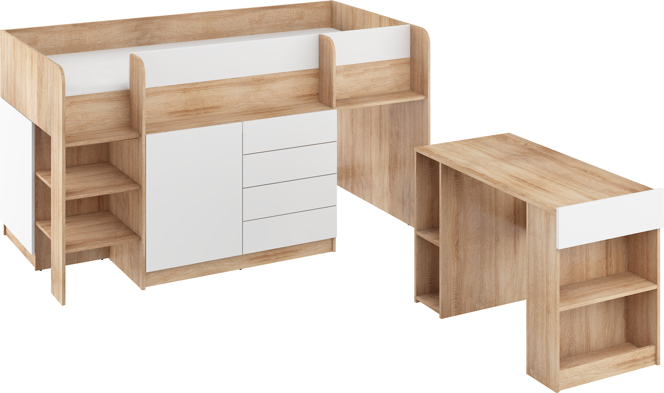 Etagenbett SMI-L mit Treppe links, Ausziehbarer Schreibtisch und kleiner Schrank