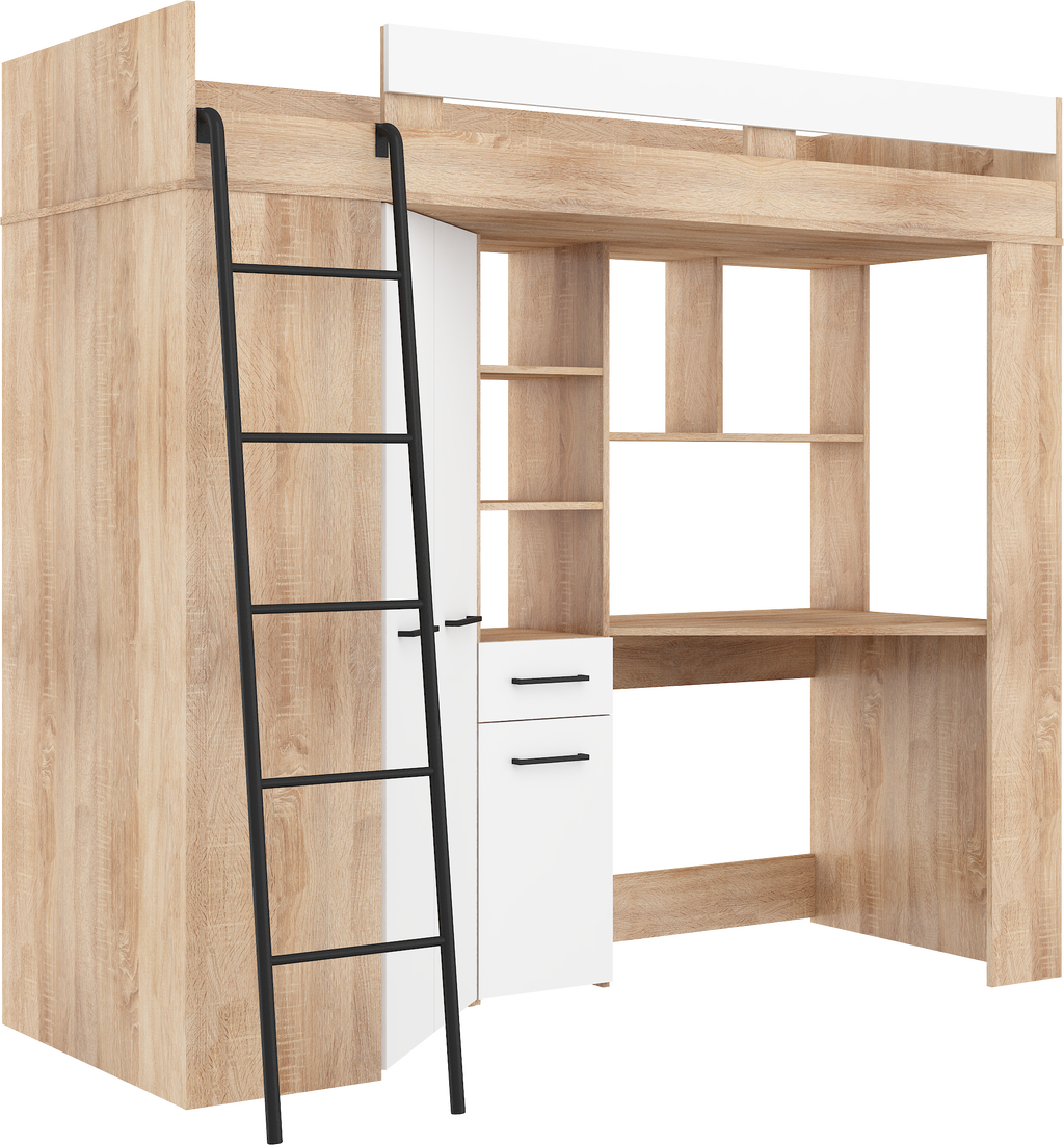 Etagenbett FLO-L mit Leiter  links, Eckkleiderschrank und Schreibtisch