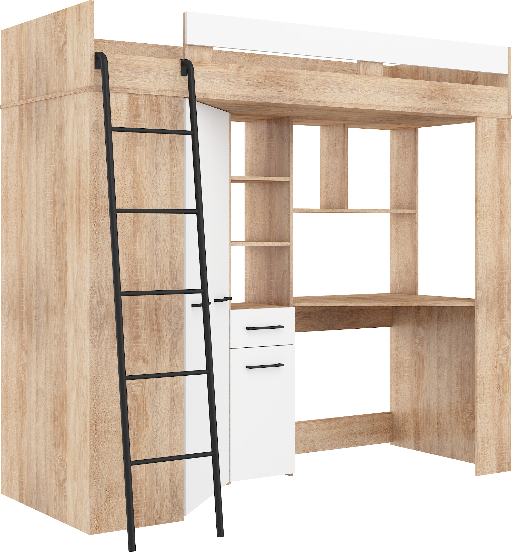 Etagenbett FLO-L mit Leiter  links, Eckkleiderschrank und Schreibtisch