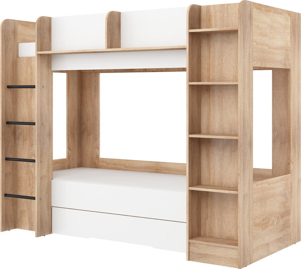 Etagenbett EVE-L für 2 Personen – 2 × 80 × 200 cm mit Schublade und Regalen