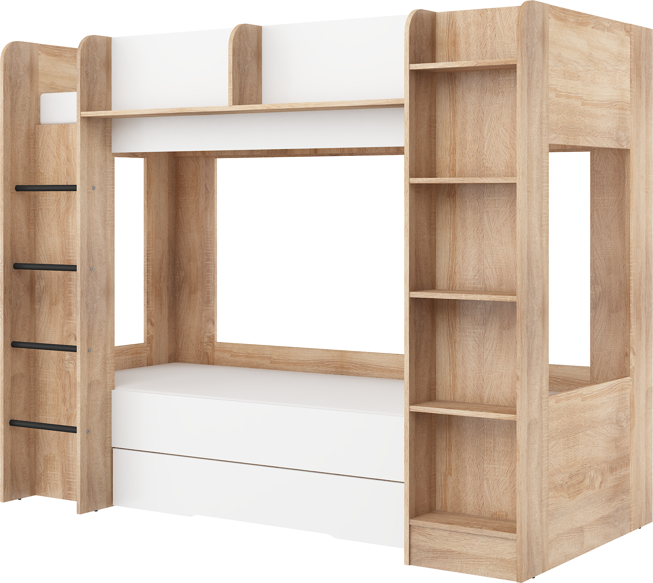Etagenbett EVE-L für 2 Personen – 2 × 80 × 200 cm mit Schublade und Regalen