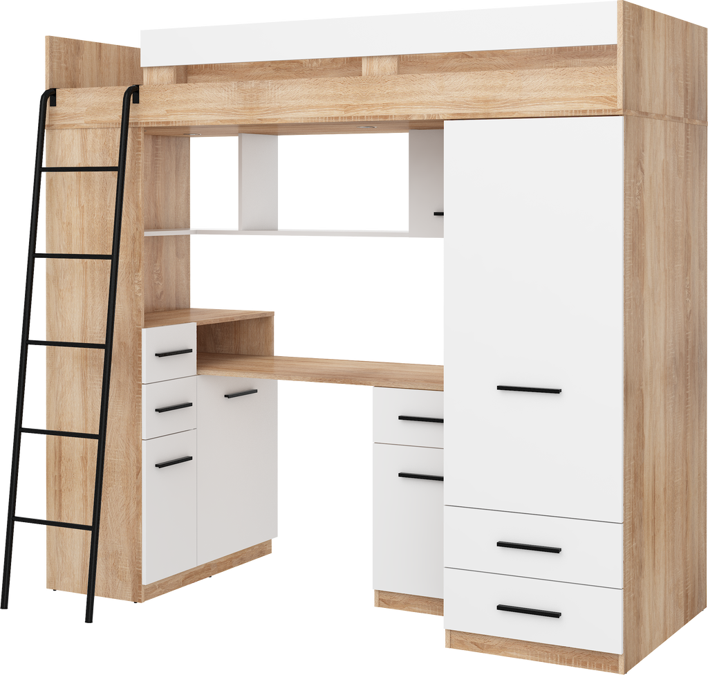 Etagenbett SMY-L mit Leiter links, Kleiderschrank, Schreibtisch und viele Regale