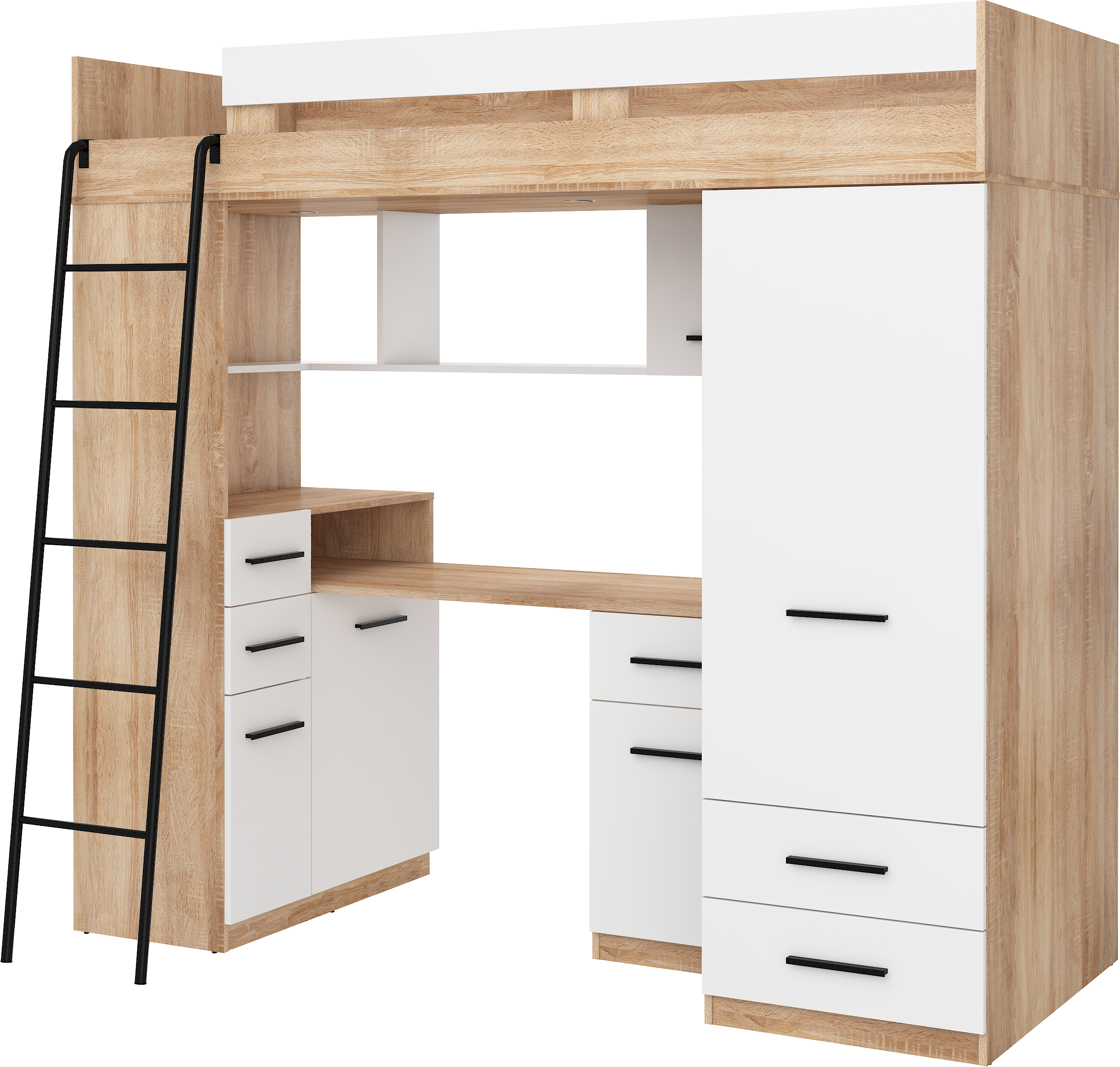 Etagenbett SMY-L mit Leiter links, Kleiderschrank, Schreibtisch und viele Regale