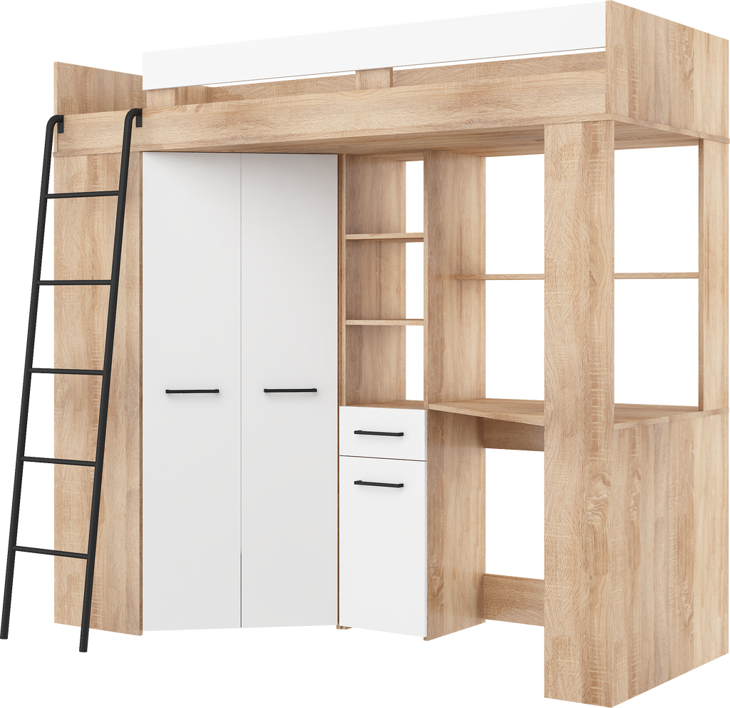 Etagenbett FLO-L mit Leiter  links, Eckkleiderschrank und Schreibtisch