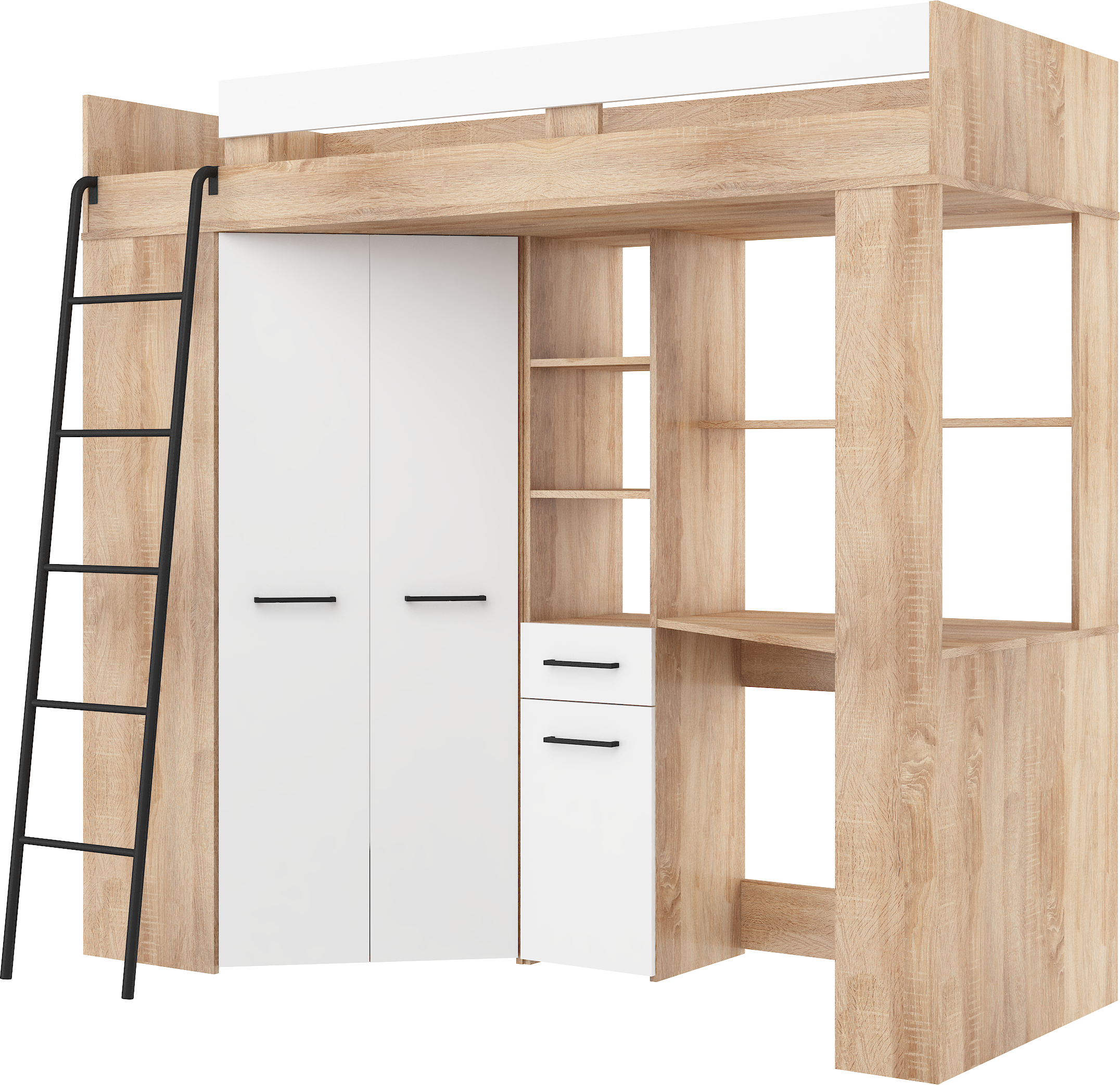 Etagenbett FLO-L mit Leiter  links, Eckkleiderschrank und Schreibtisch