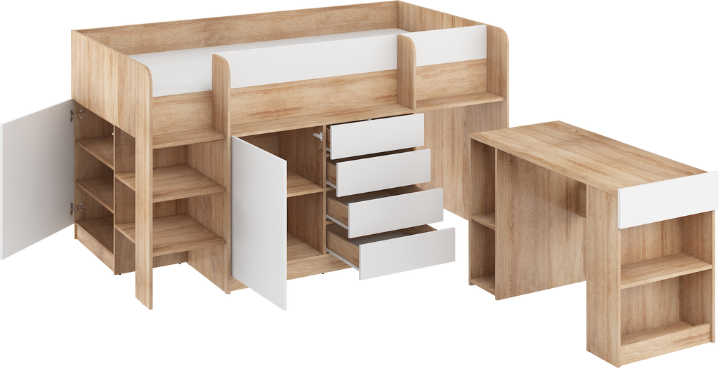 Etagenbett SMI-L mit Treppe links, Ausziehbarer Schreibtisch und kleiner Schrank