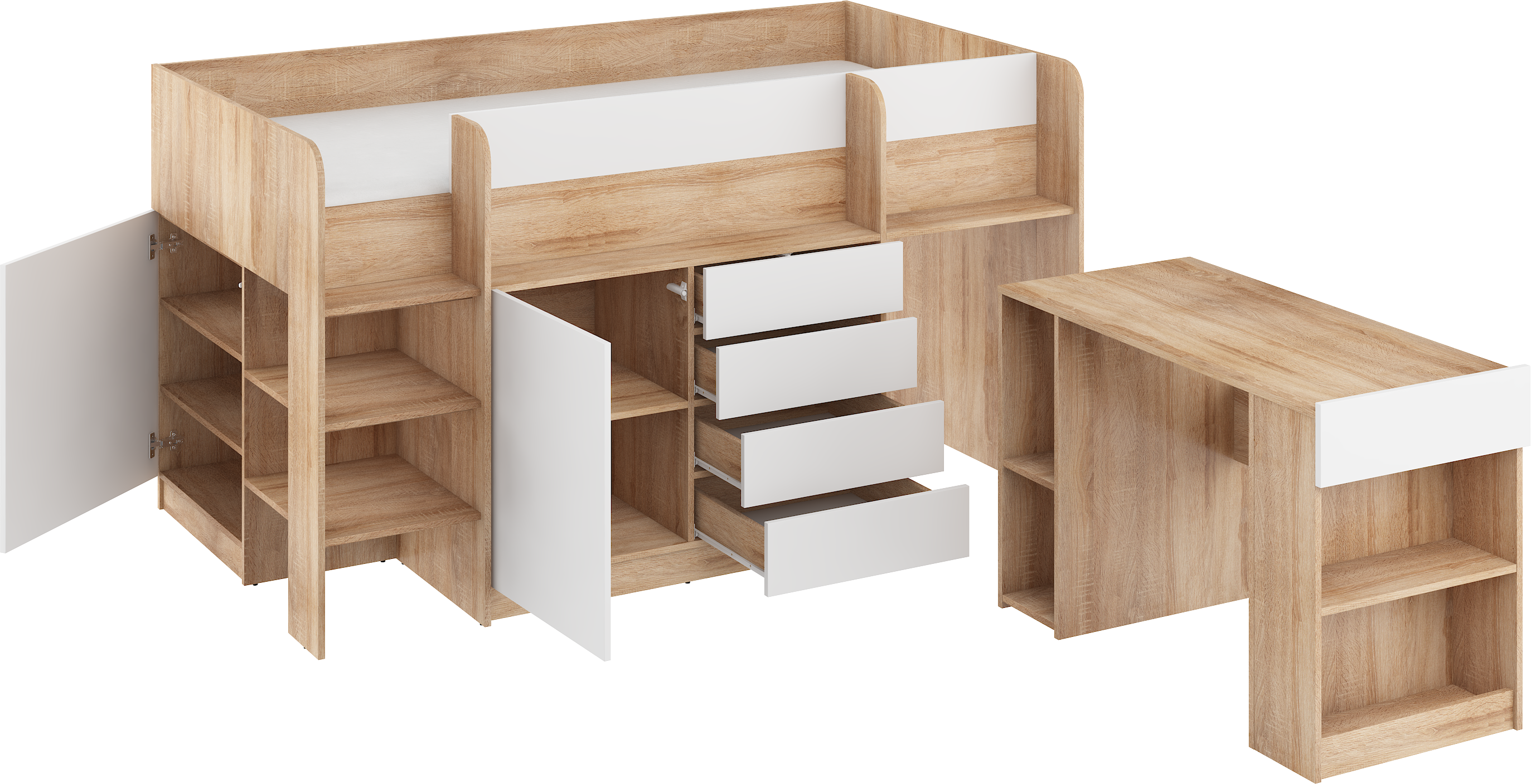 Etagenbett SMI-L mit Treppe links, Ausziehbarer Schreibtisch und kleiner Schrank