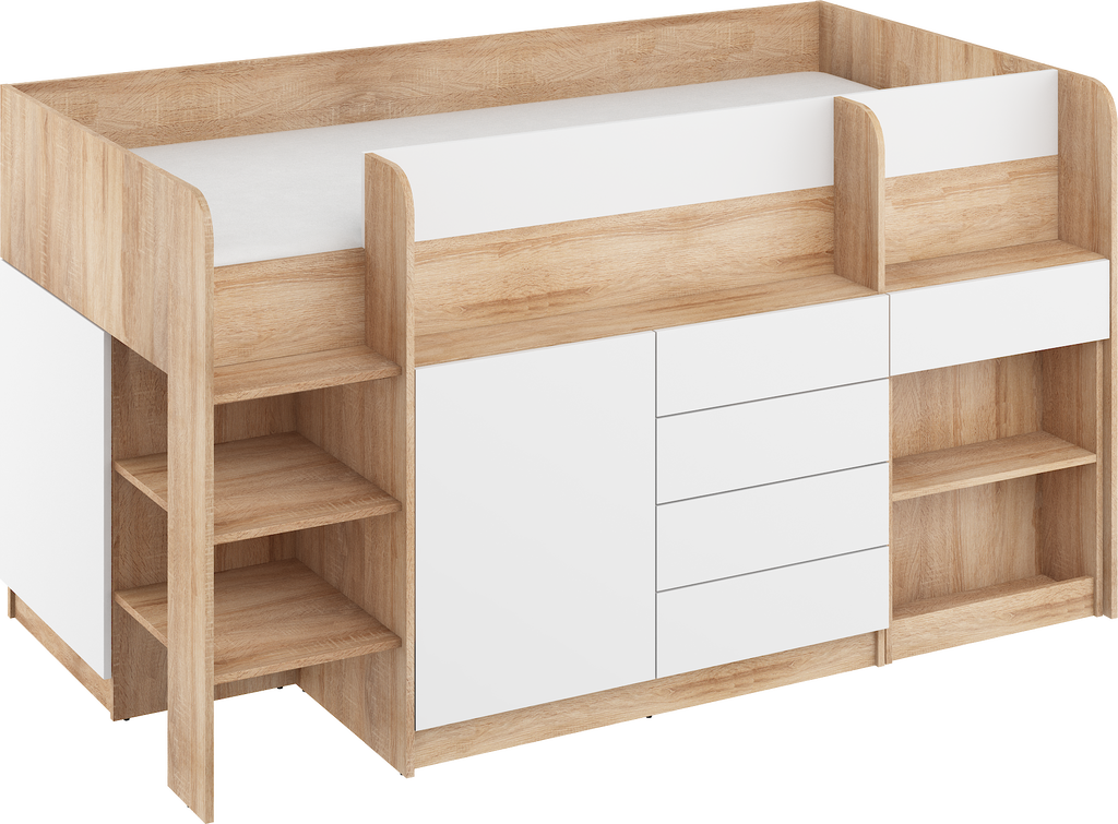 Etagenbett SMI-L mit Treppe links, Ausziehbarer Schreibtisch und kleiner Schrank