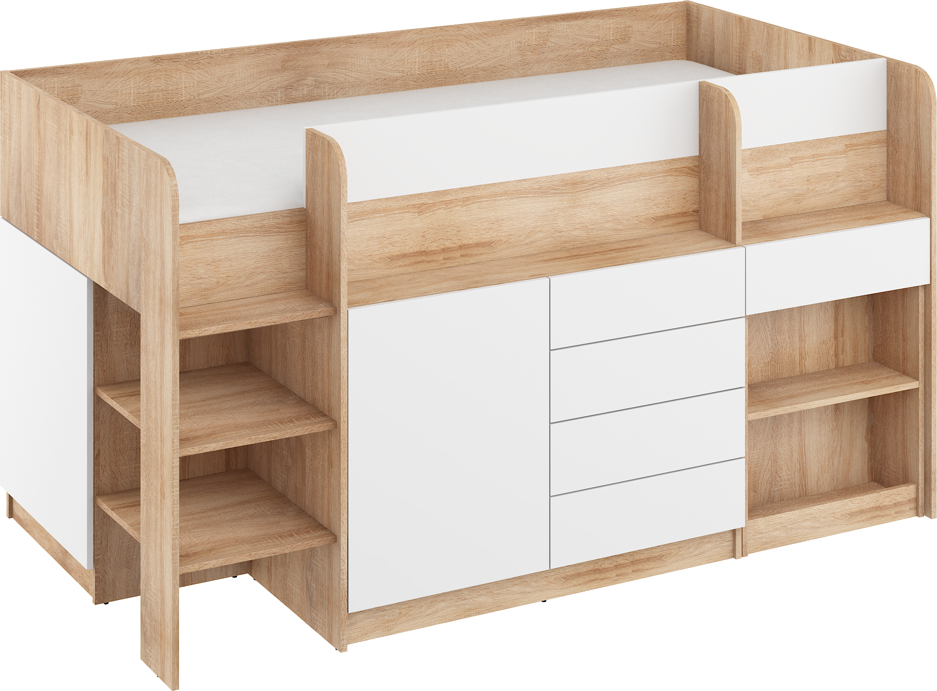 Etagenbett SMI-L mit Treppe links, Ausziehbarer Schreibtisch und kleiner Schrank