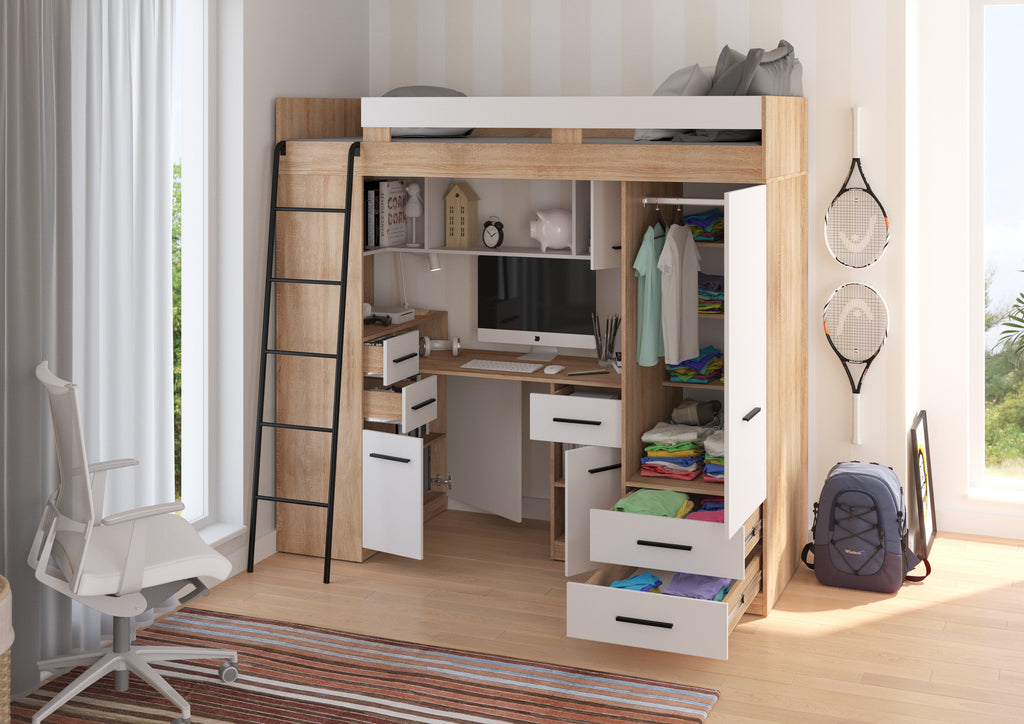 Etagenbett SMY-L mit Leiter links, Kleiderschrank, Schreibtisch und viele Regale