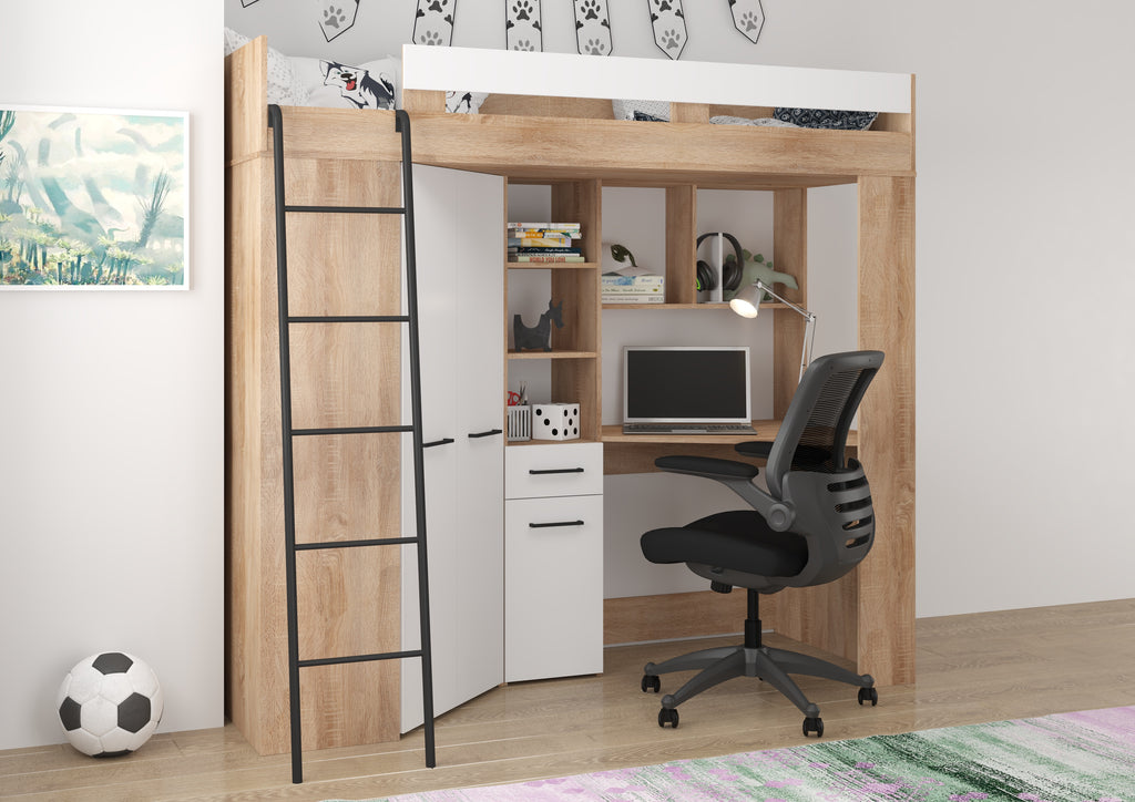 Etagenbett FLO-L mit Leiter  links, Eckkleiderschrank und Schreibtisch