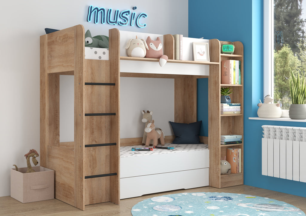 Etagenbett EVE-L für 2 Personen – 2 × 80 × 200 cm mit Schublade und Regalen
