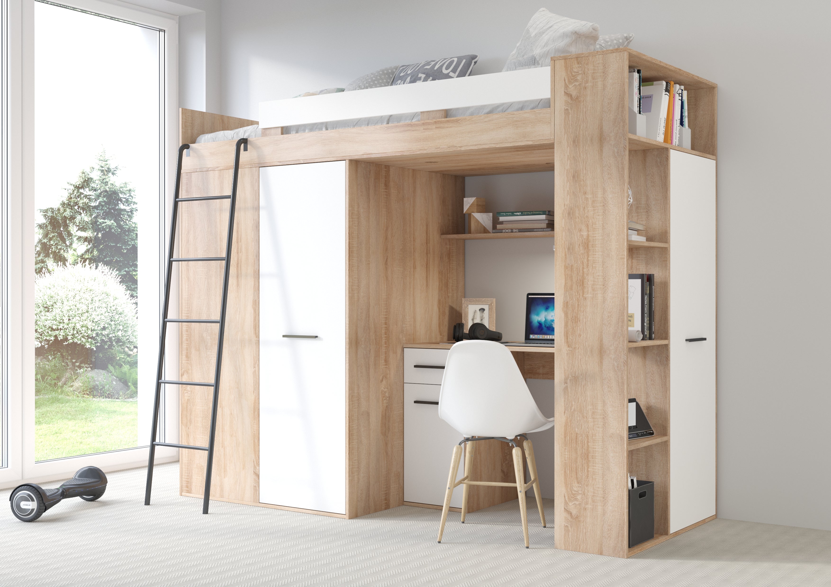 Etagenbett VER-L mit Leiter links, Kleiderschrank, Schreibtisch und viele Regale