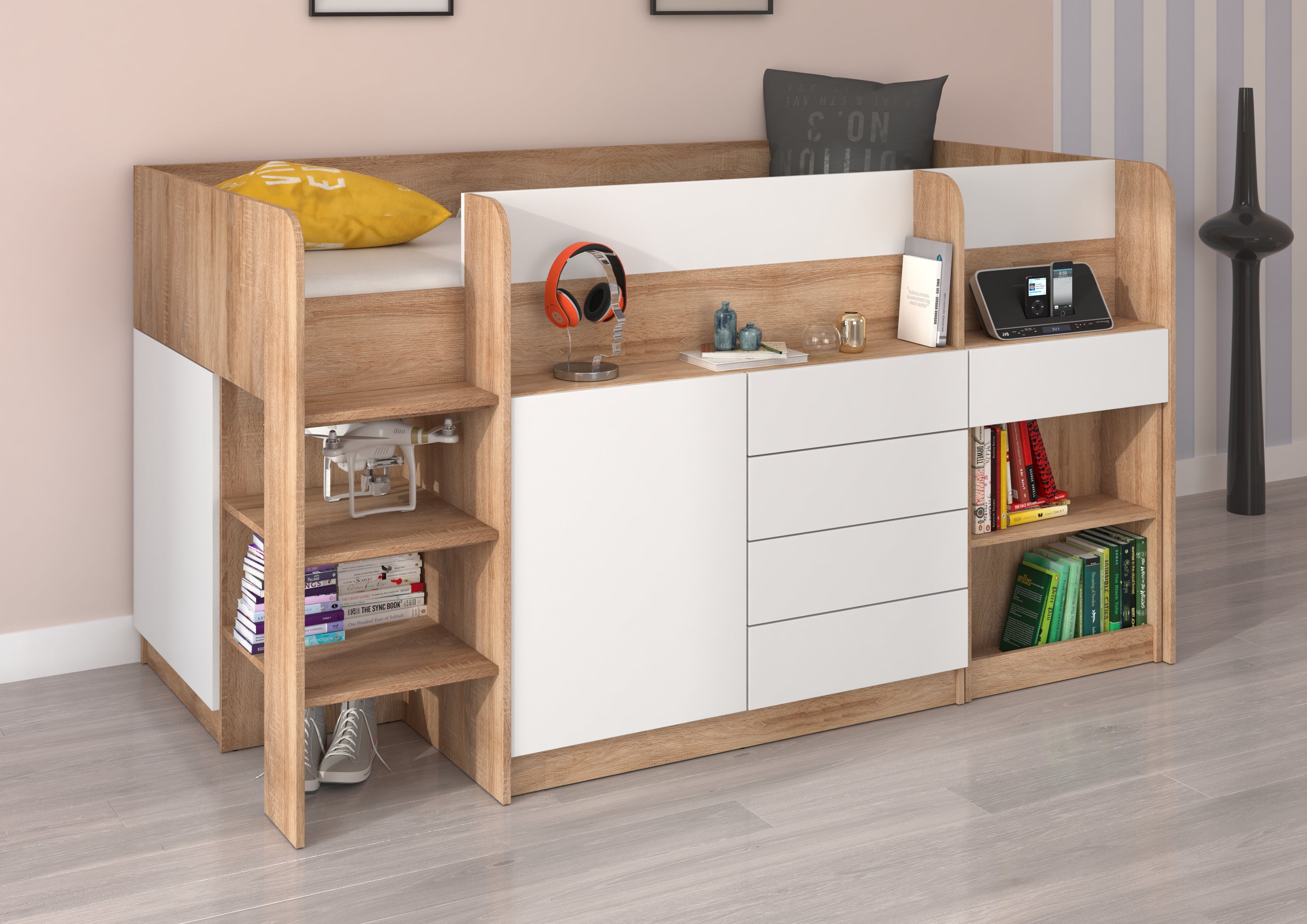 Etagenbett SMI-L mit Treppe links, Ausziehbarer Schreibtisch und kleiner Schrank