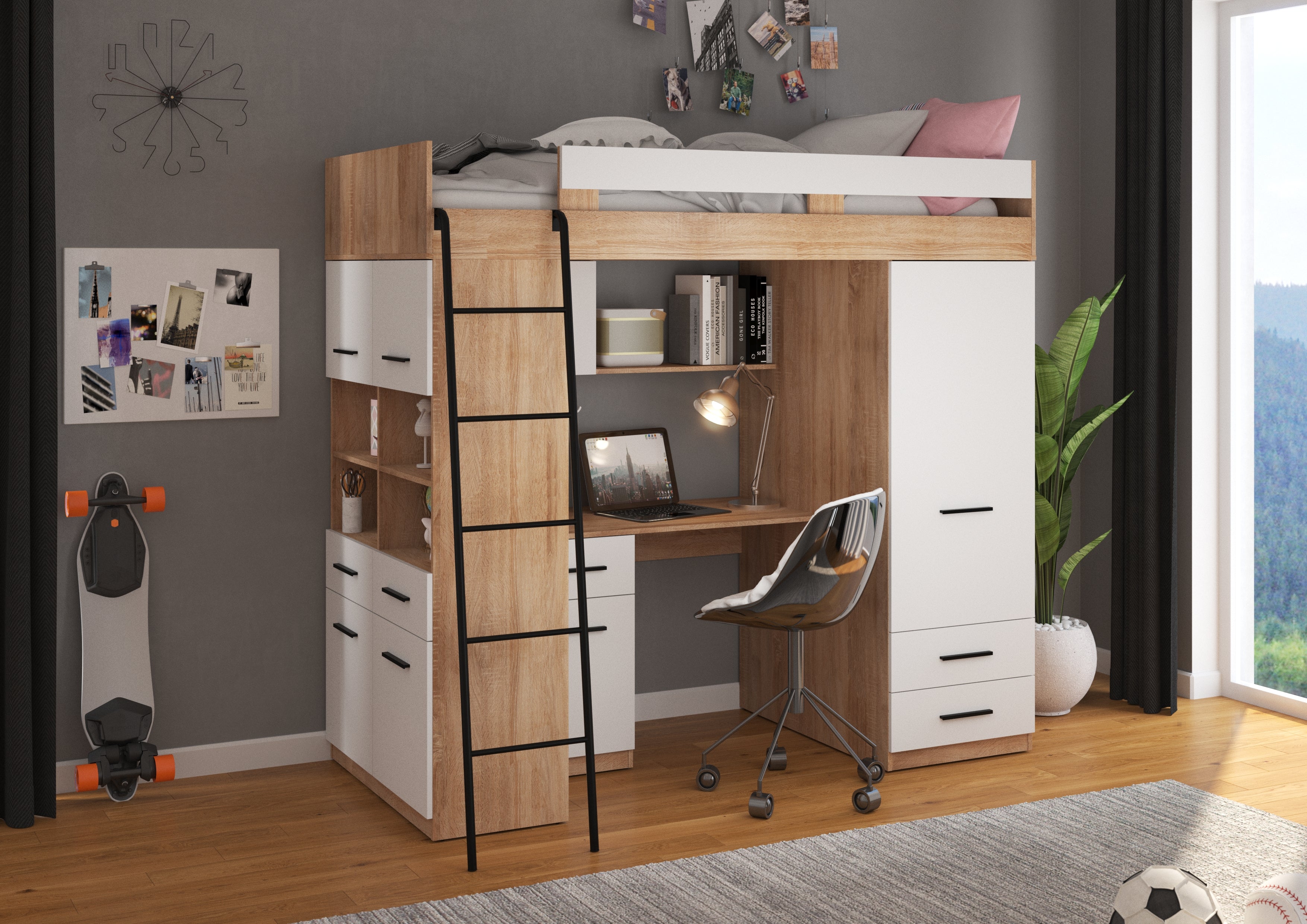 Etagenbett LEV-L mit Leiter links, Kleiderschrank, Schreibtisch und viele Regale