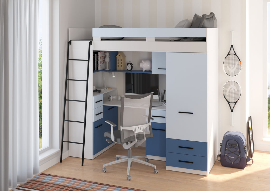 Etagenbett SMY-L mit Leiter links, Kleiderschrank, Schreibtisch und viele Regale