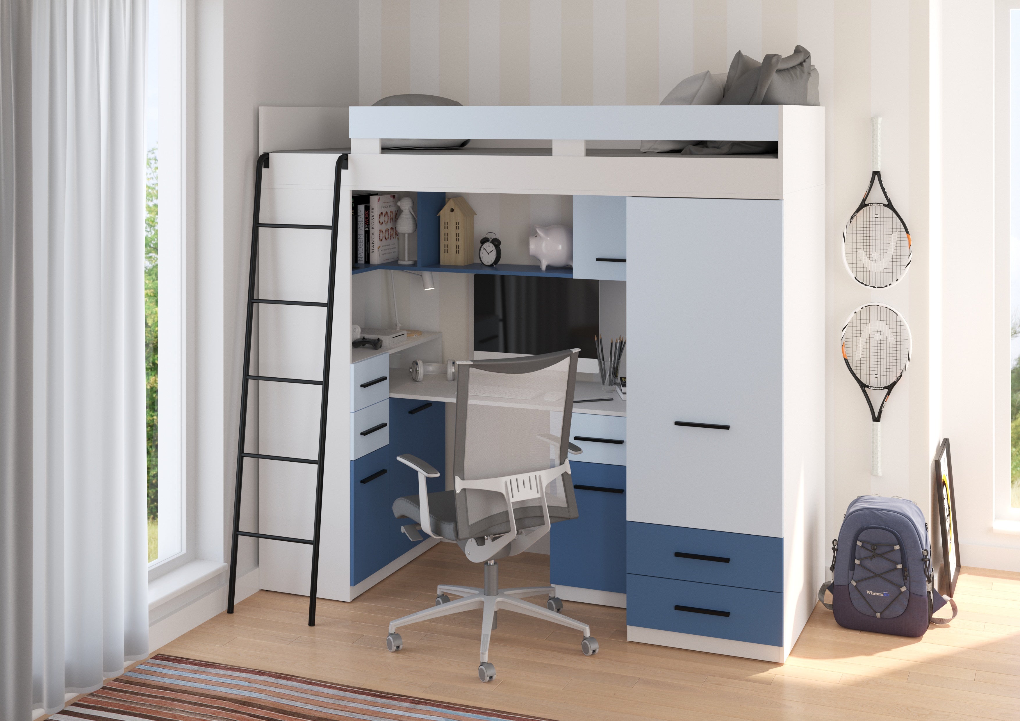 Etagenbett SMY-L mit Leiter links, Kleiderschrank, Schreibtisch und viele Regale