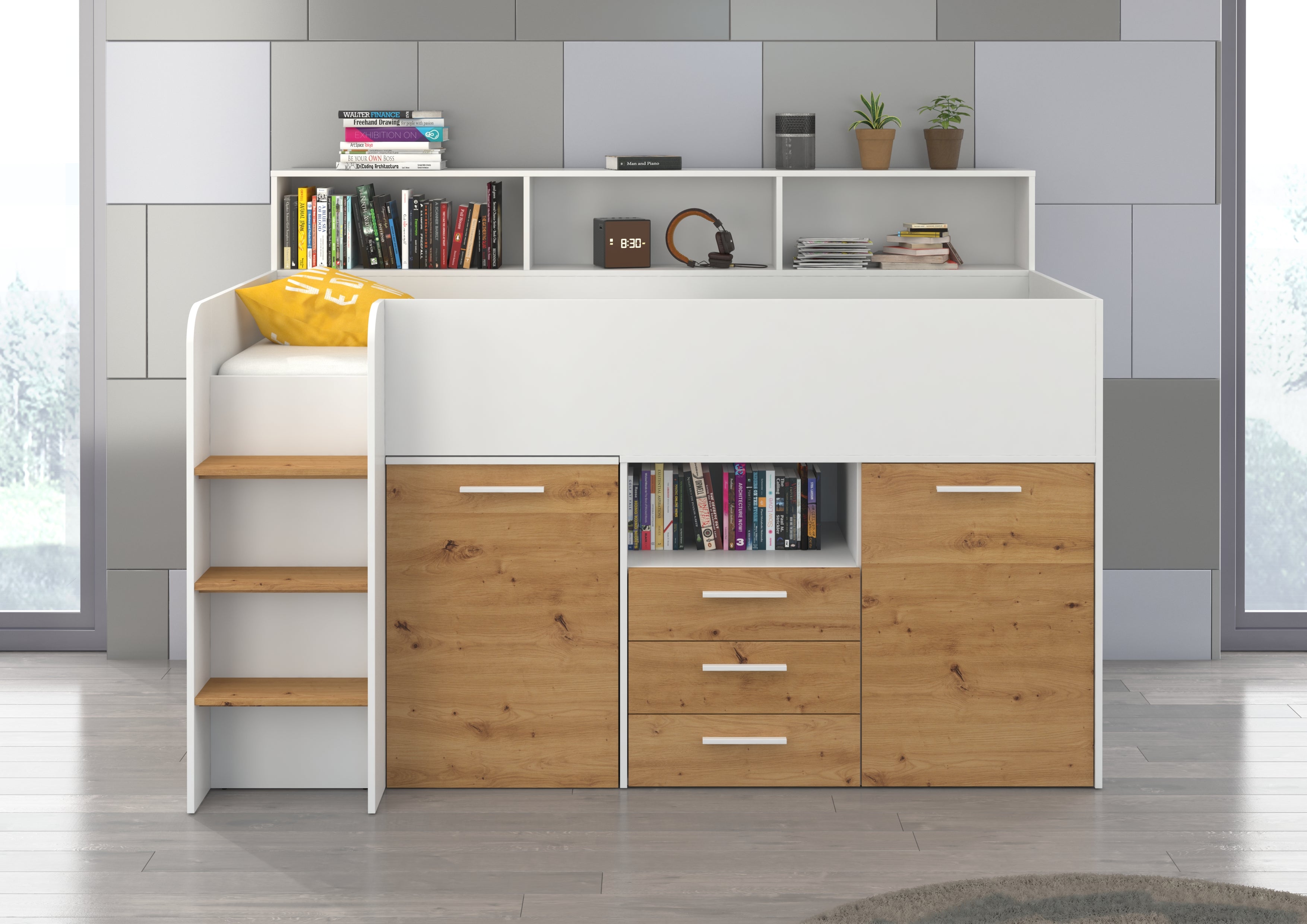 Etagenbett NE-L mit Treppe links, Ausziehbarer Schreibtisch und Doppel Schrank