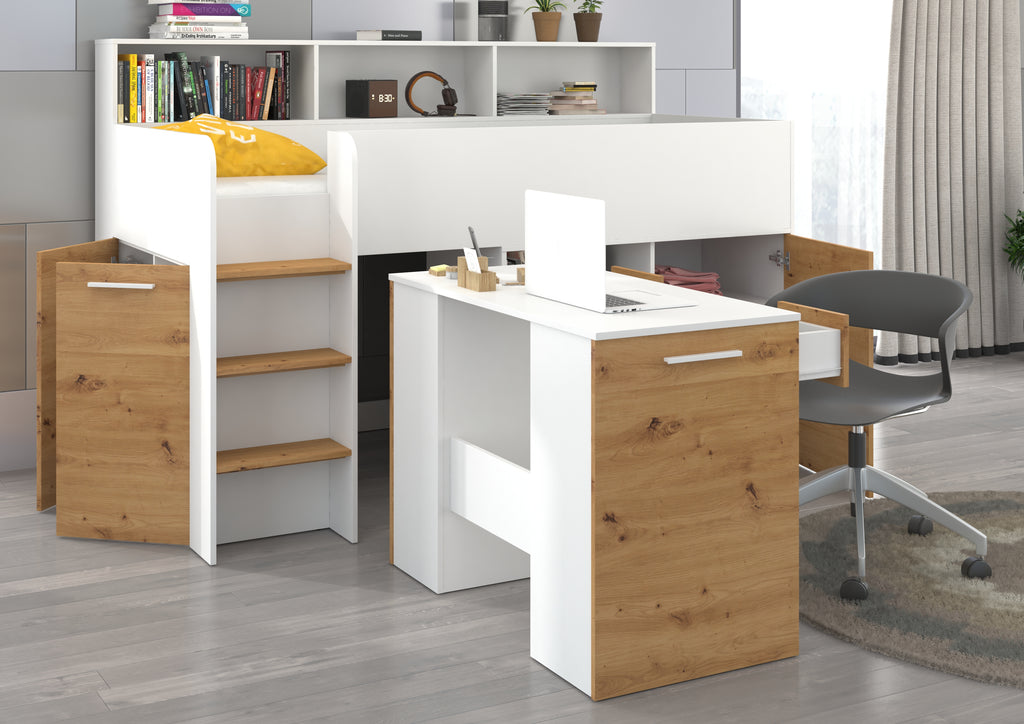 Etagenbett NE-L mit Treppe links, Ausziehbarer Schreibtisch und Doppel Schrank