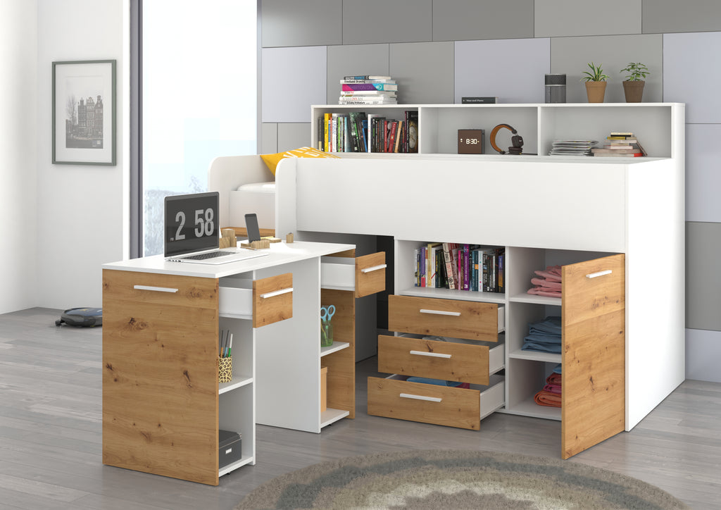 Etagenbett NE-L mit Treppe links, Ausziehbarer Schreibtisch und Doppel Schrank